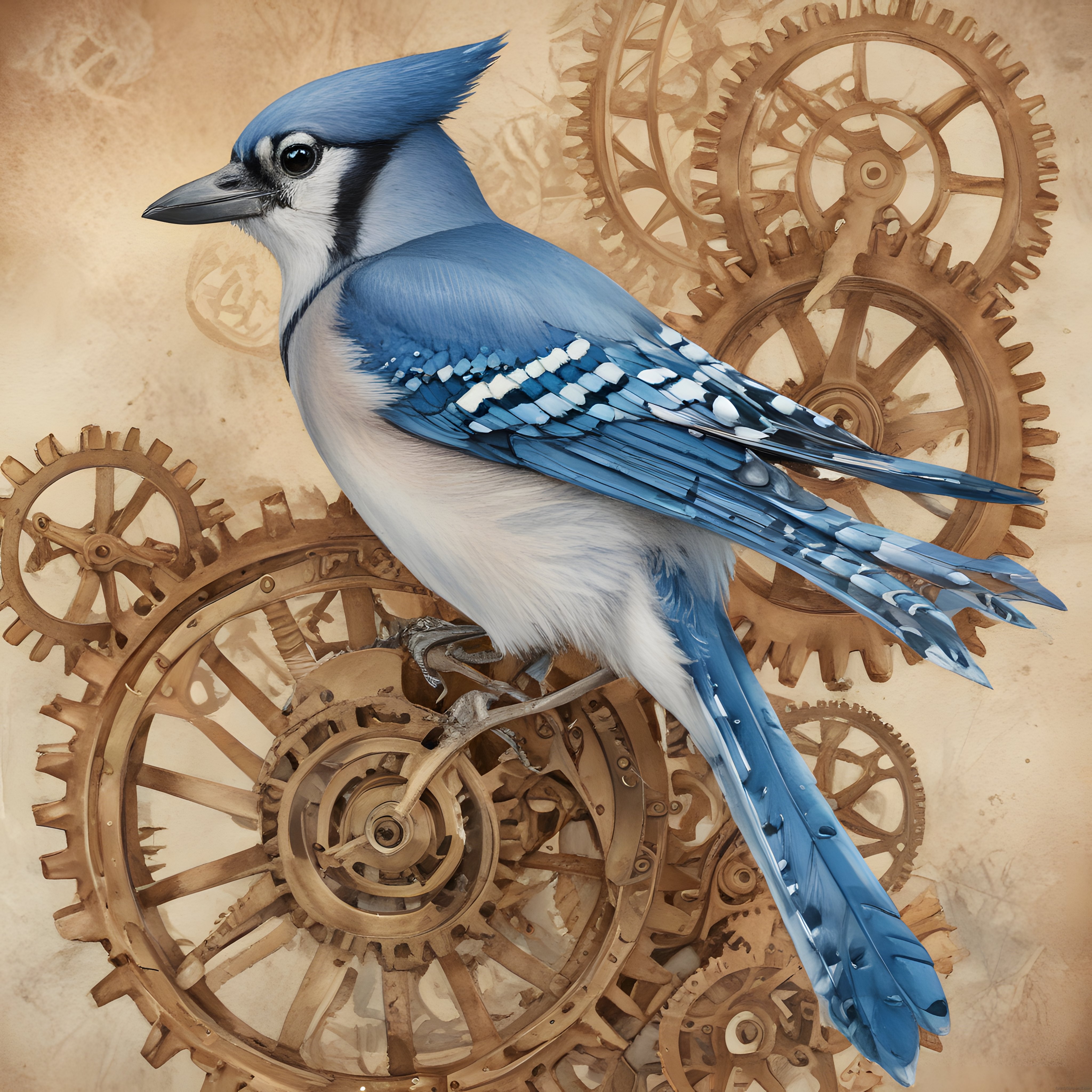 Antik Dişliler Üzerindeki Mavi Alakarga: Steampunk Dijital Sanat Eseri