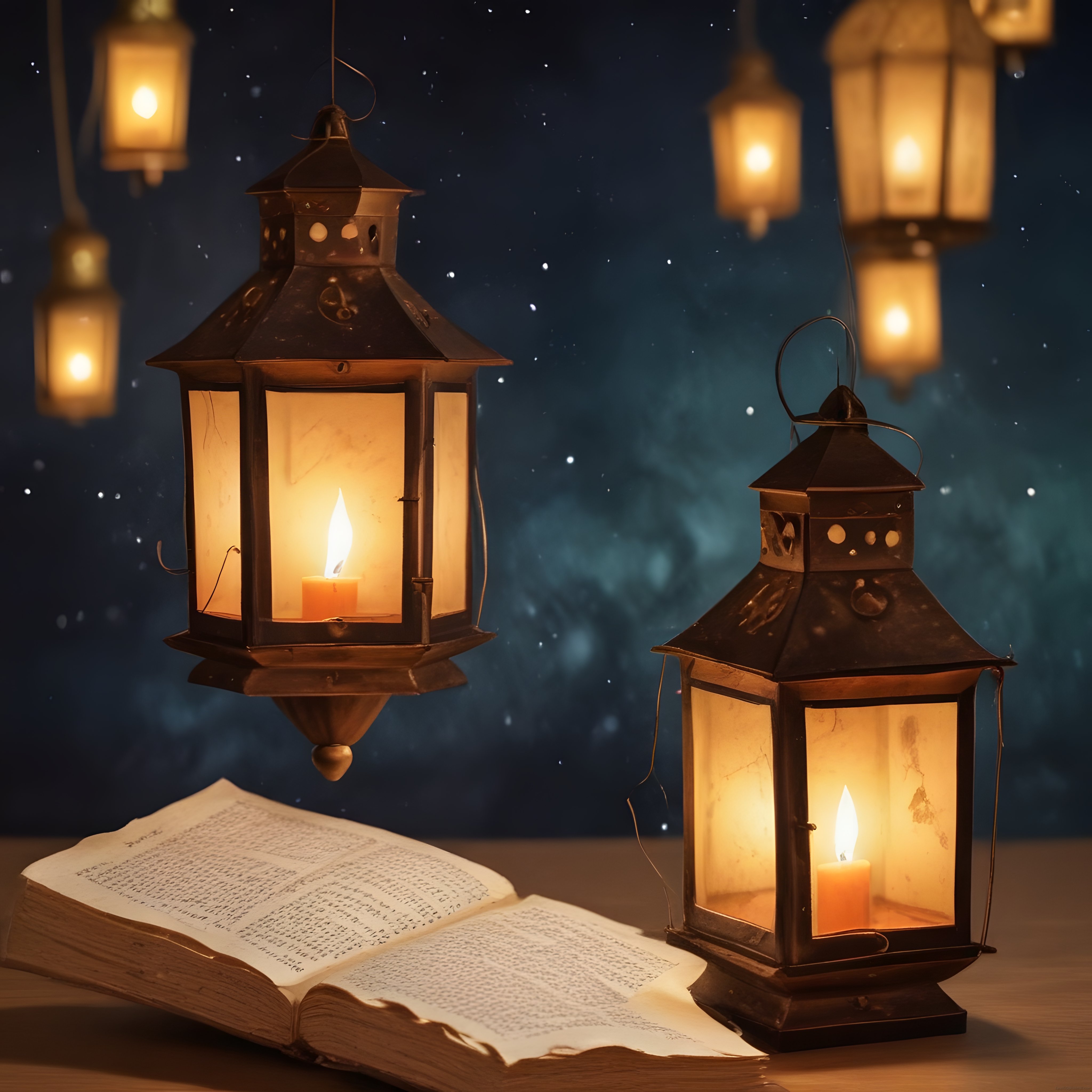 Antik Fenerlerin Sıcak Işığında Açık Bir Kitap ve Gizemli Gece Atmosferi