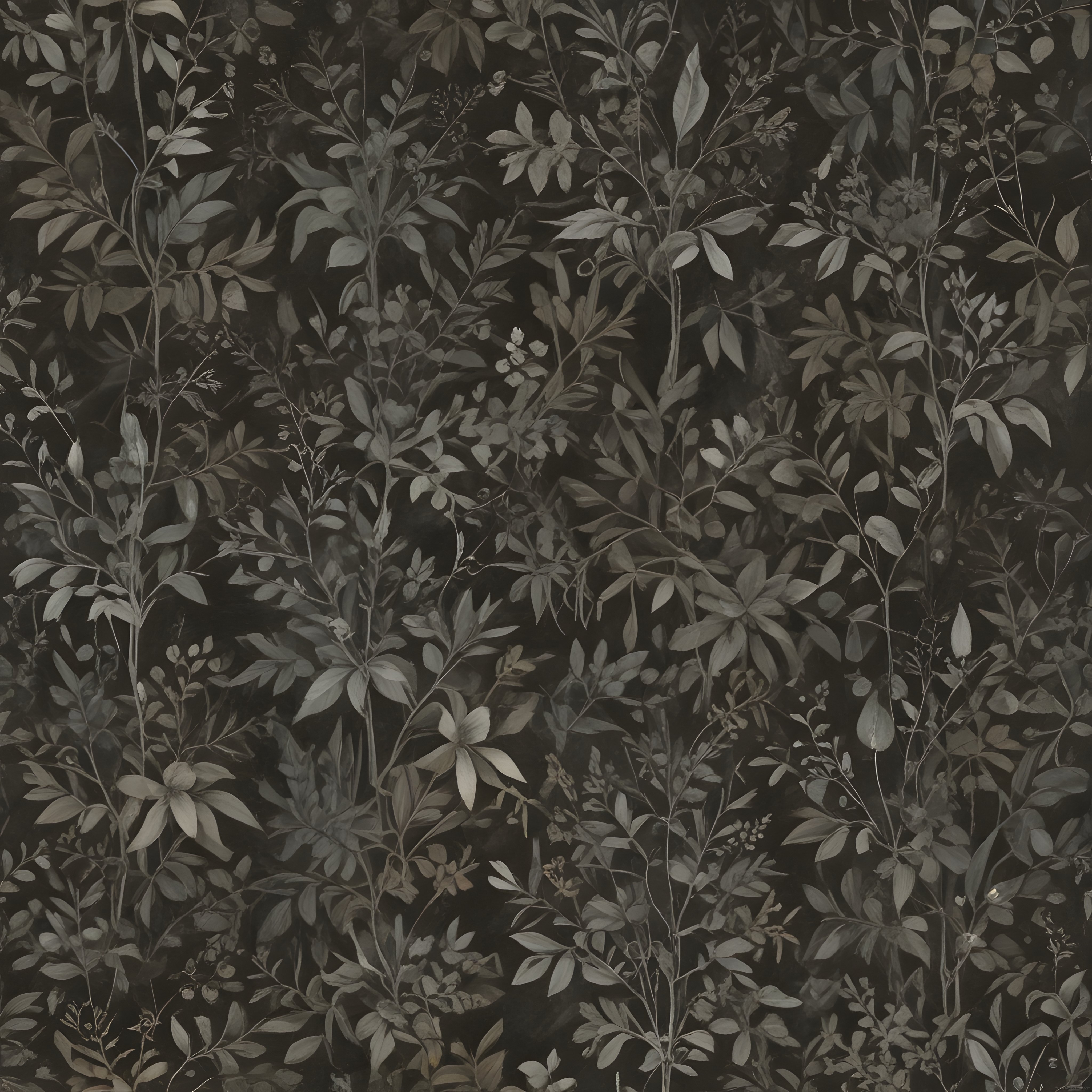 Antik Herbarium Tarzı Monokrom Yoğun Yapraklı Bitki Desenli Duvar Kağıdı