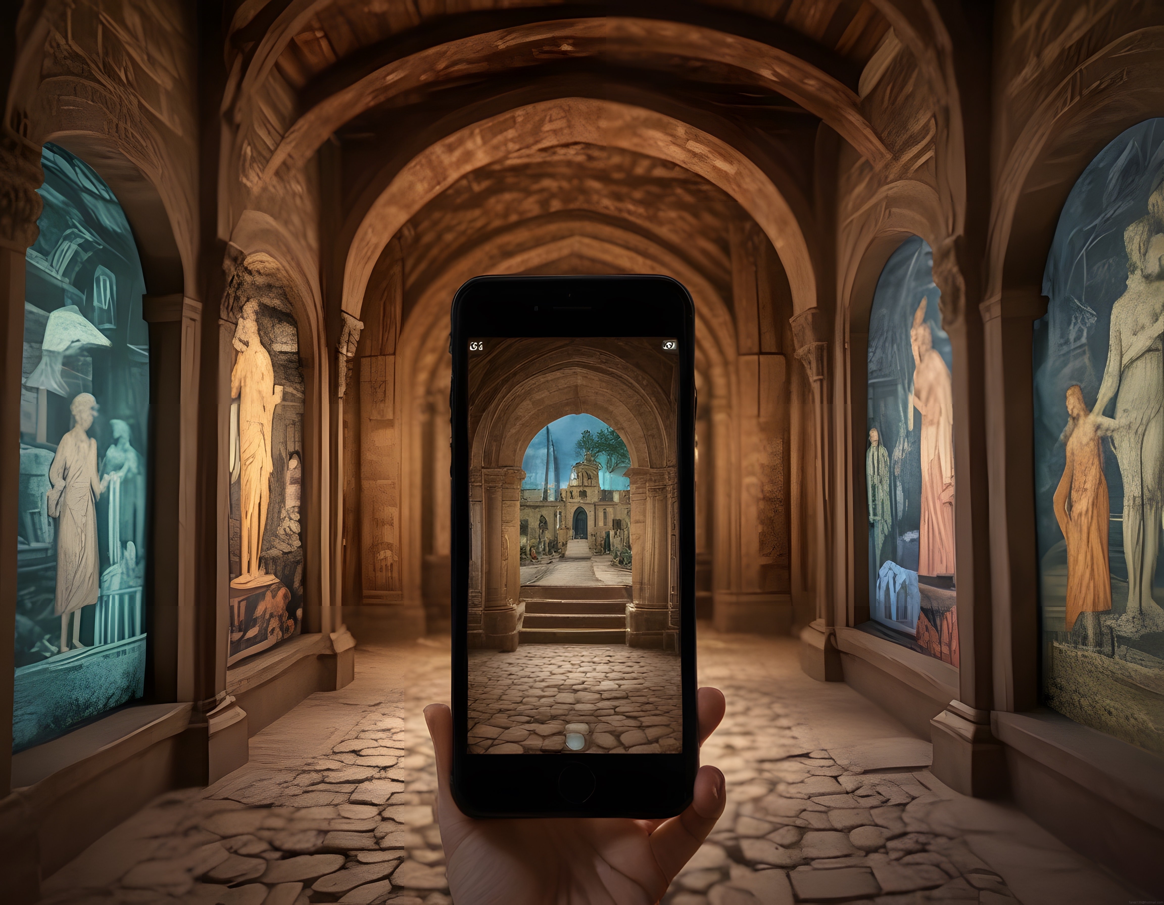 Antik Manastır Koridorunda Telefonla Fotoğraf Çekimi ve Tarihi Mimari