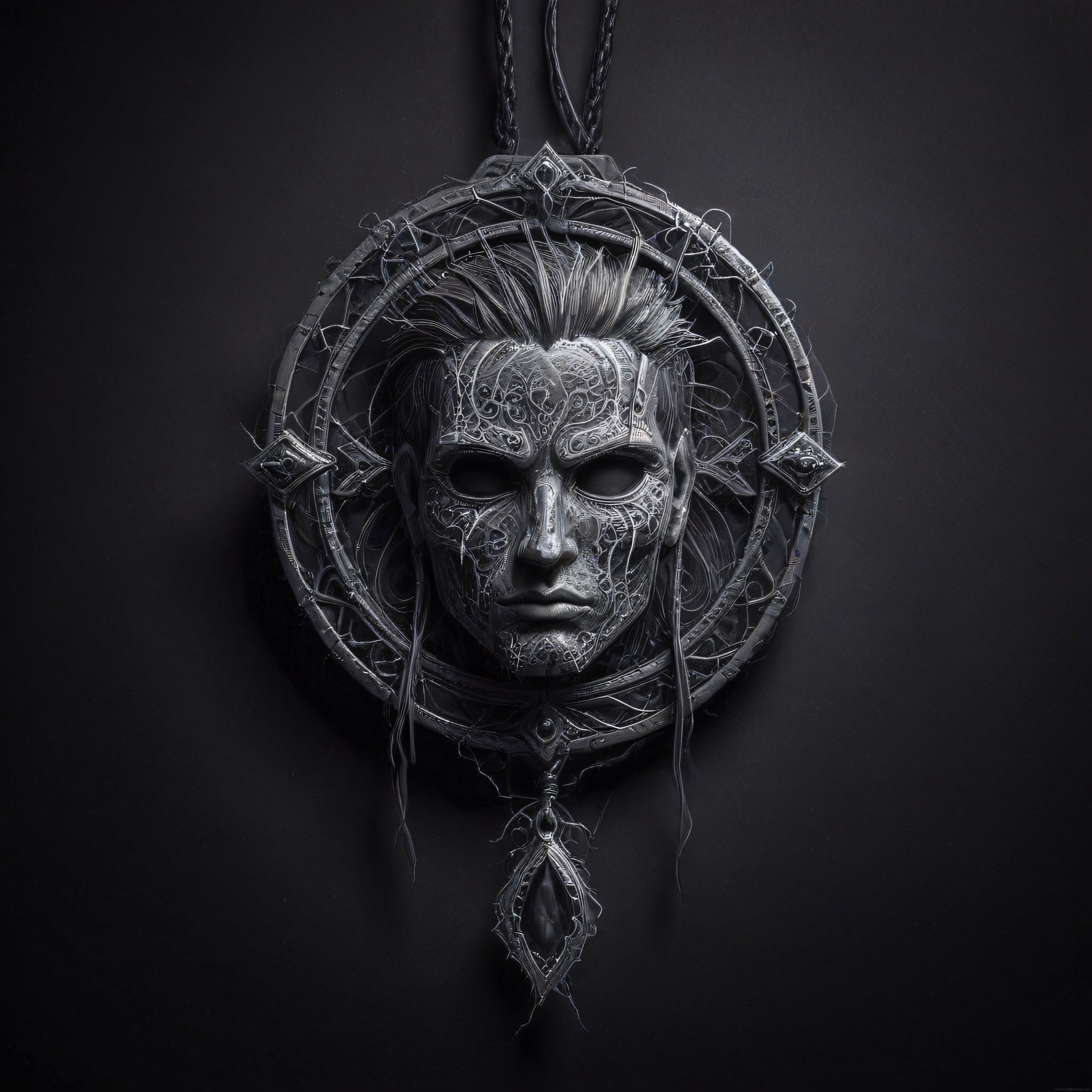 Antik Metal Amulet ve Gizemli Yüz Formuyla Karanlık Fantastik Kolye Tasarımı