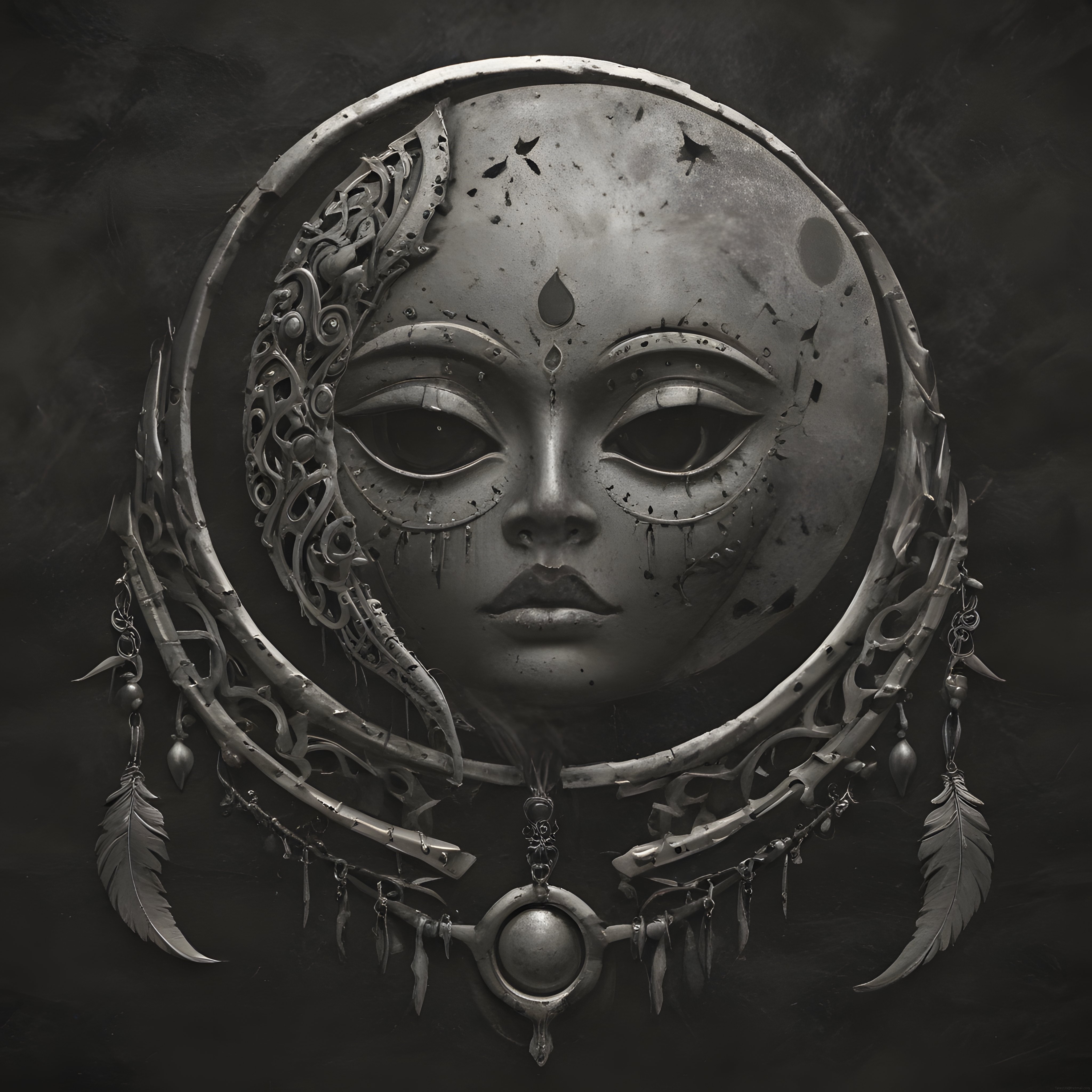 Antik Metal Maske ve Mistik Tüy Detaylarıyla Gotik Duvar Kağıdı Tasarımı