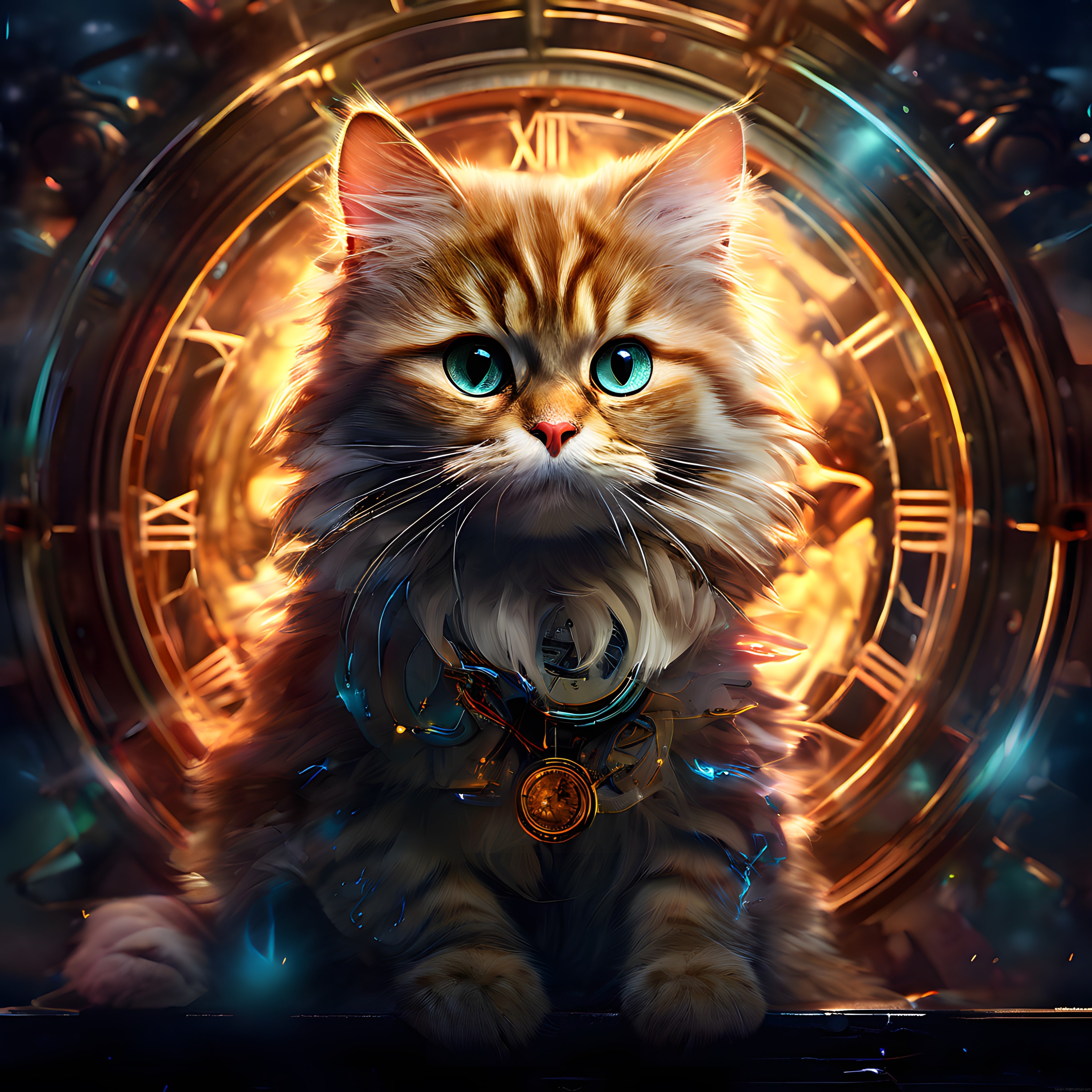 Antik Saat Portalı Önünde Steampunk Yaka Takan Büyüleyici Ginger Kedi