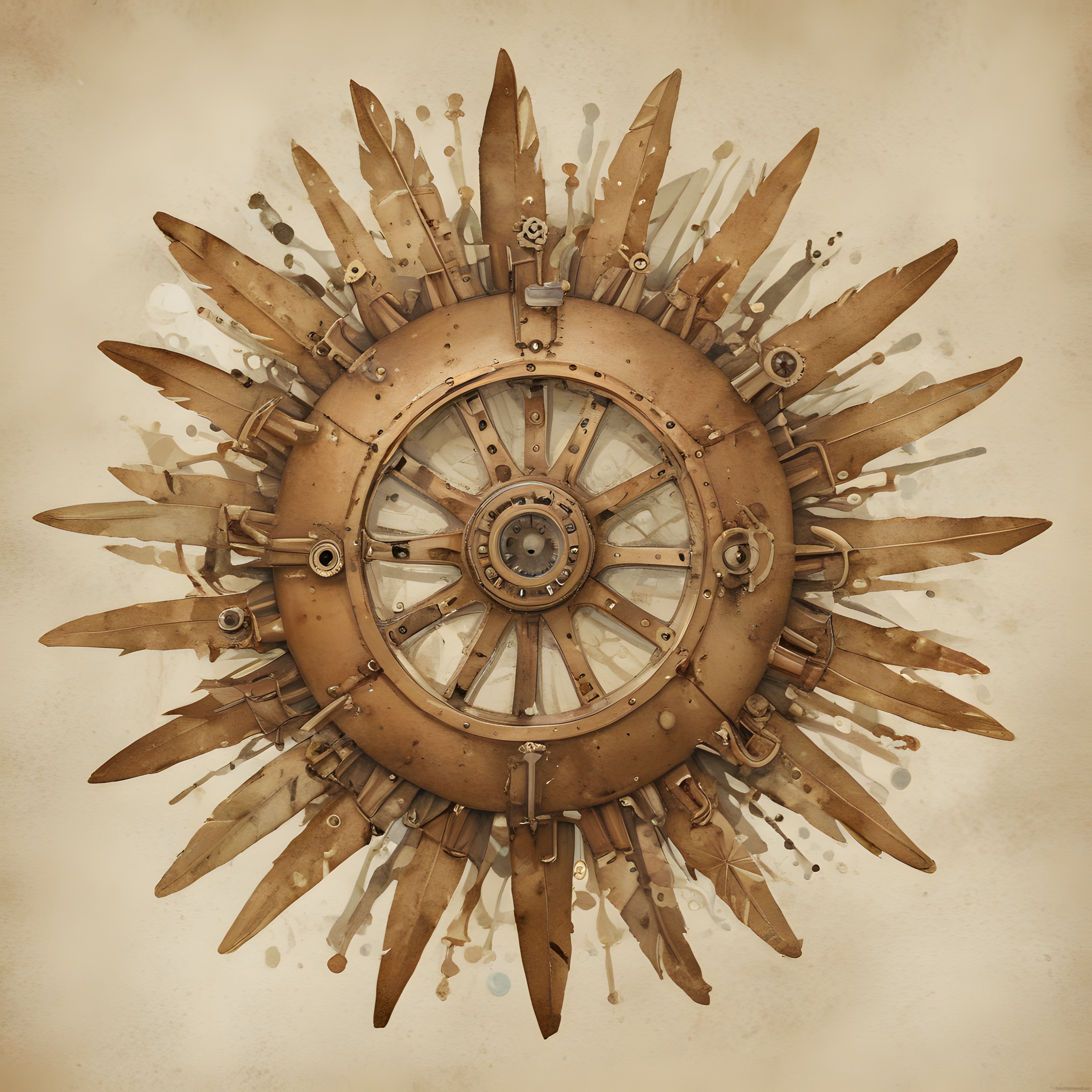 Antik steampunk mekanik güneş çarkı illüstrasyonu ve vintage metal detaylar