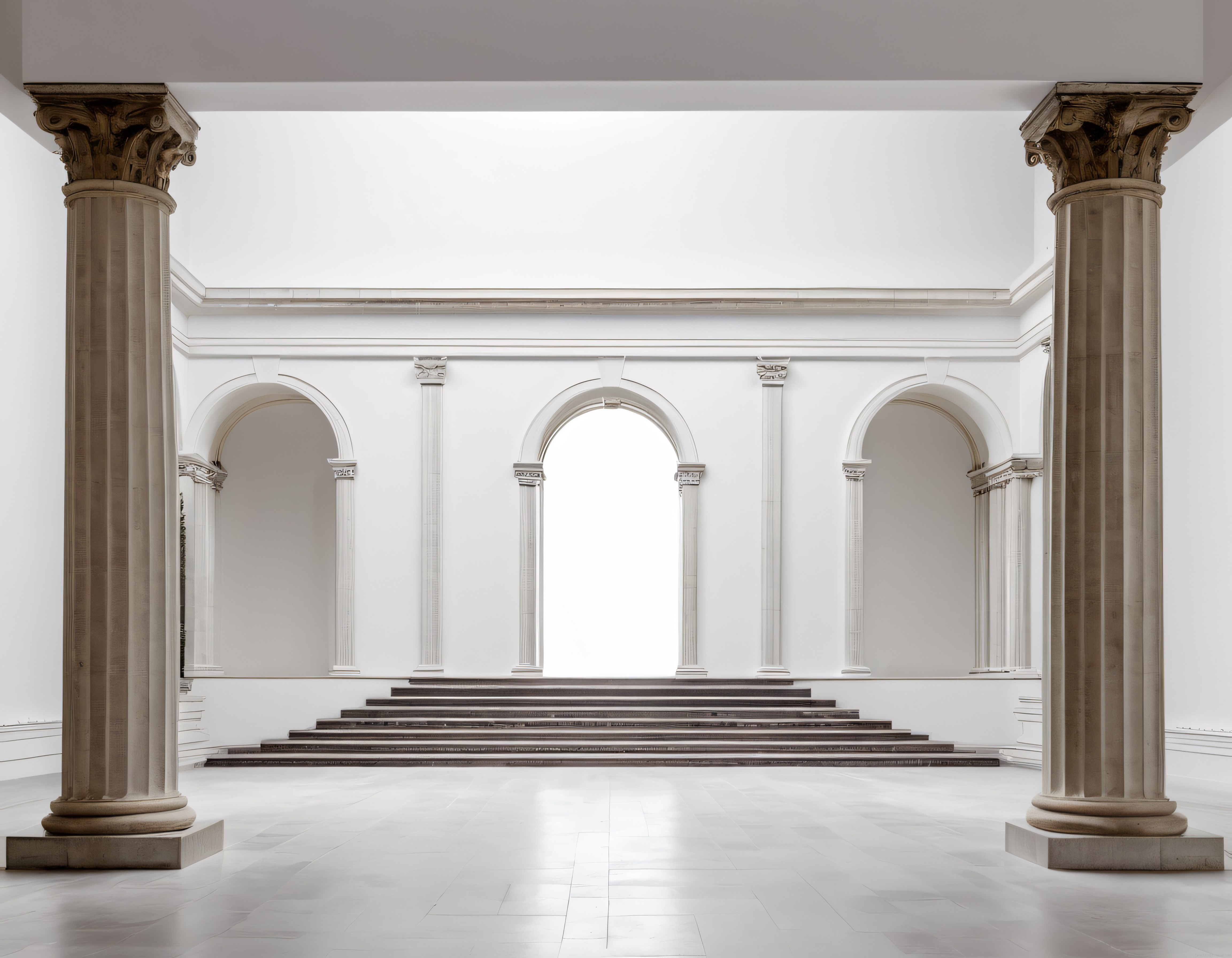 Antik Stil Sütunlar ve Basamaklarla Buluşan Minimalist Beyaz Galeri Mekânı