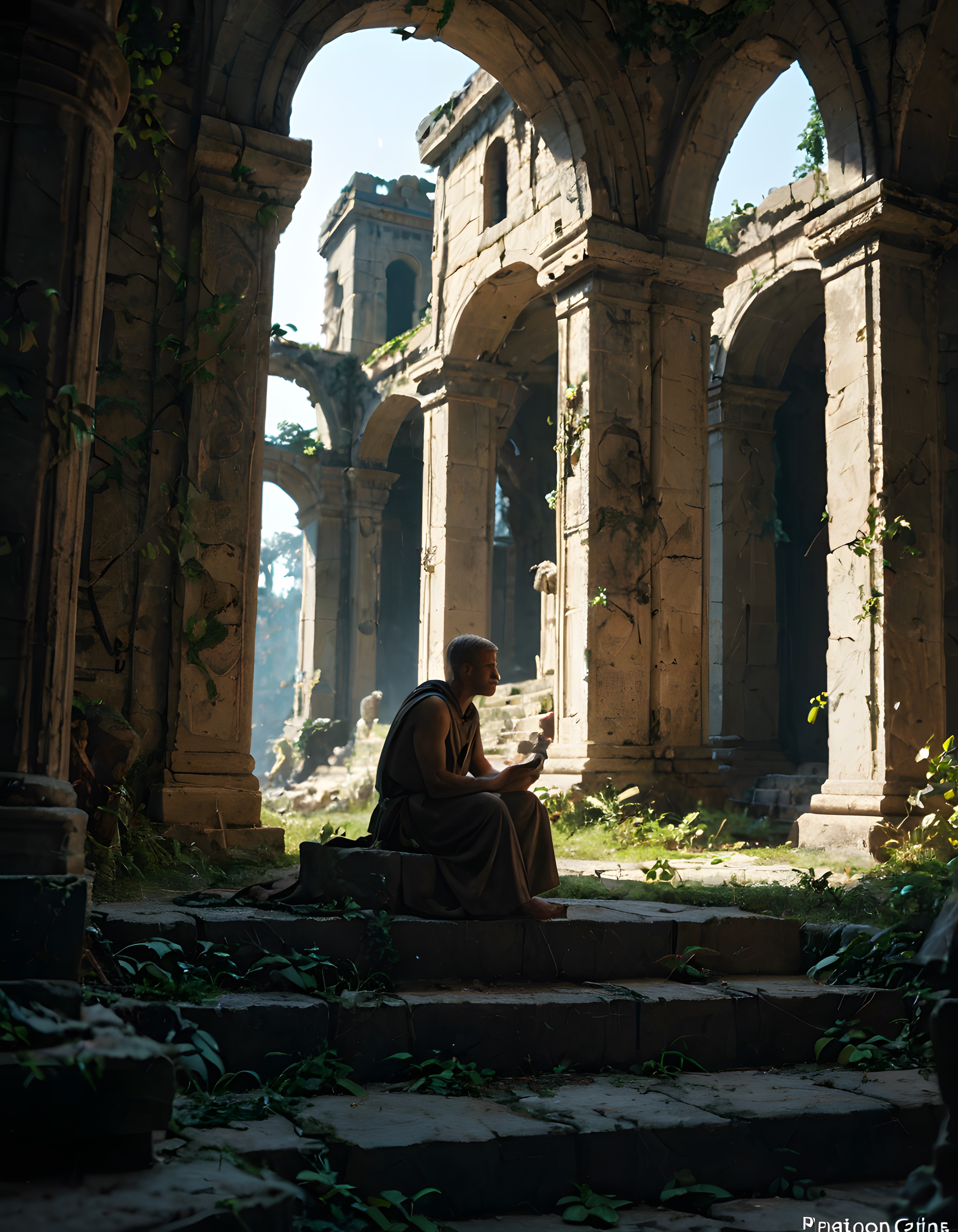 Antik Sütunlu Harabe İçinde Meditasyon Yapan Adam ve Mistik Işığın Büyüsü
