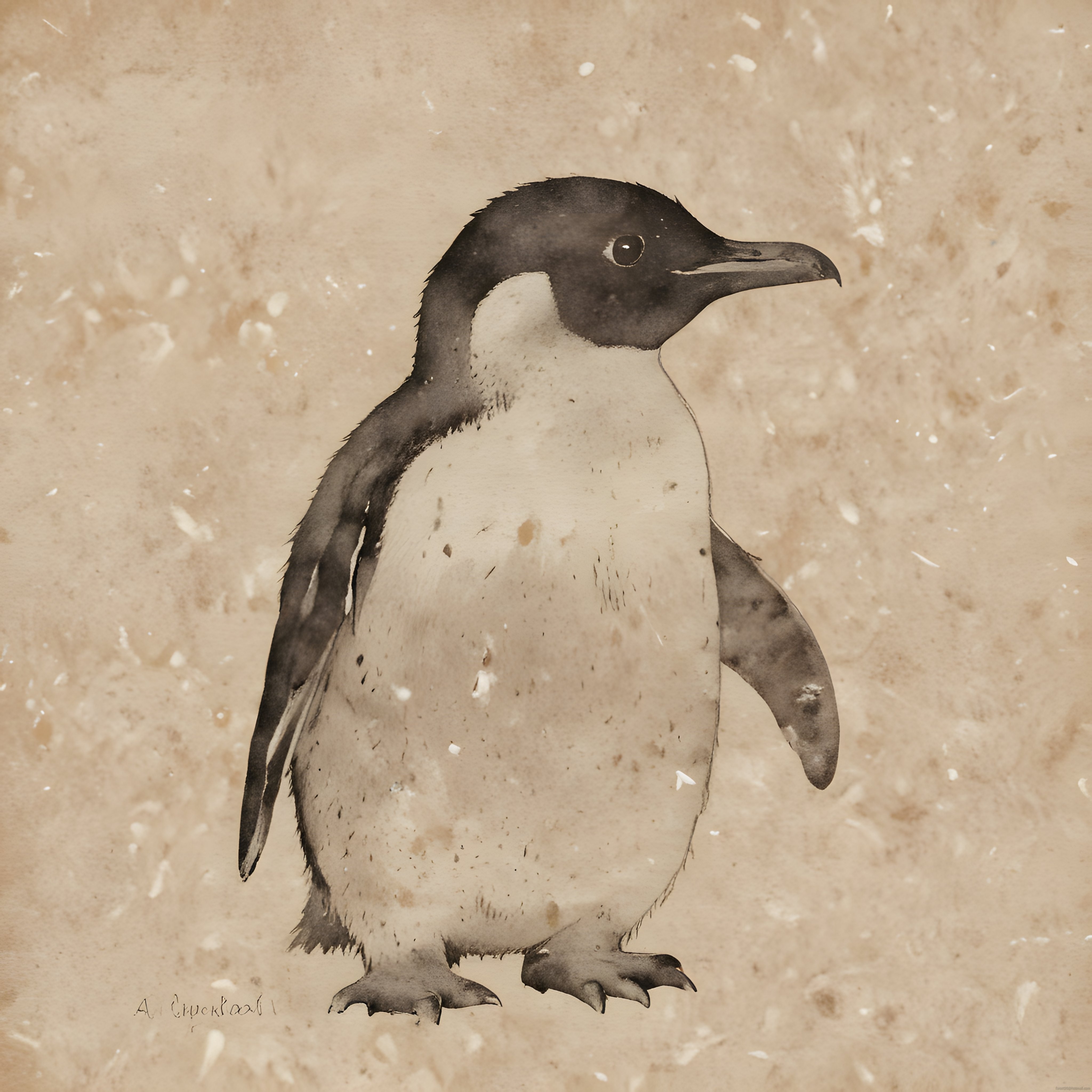 Antika kağıt üzerinde suluboya penguen illüstrasyonu, vintage bilimsel çizim