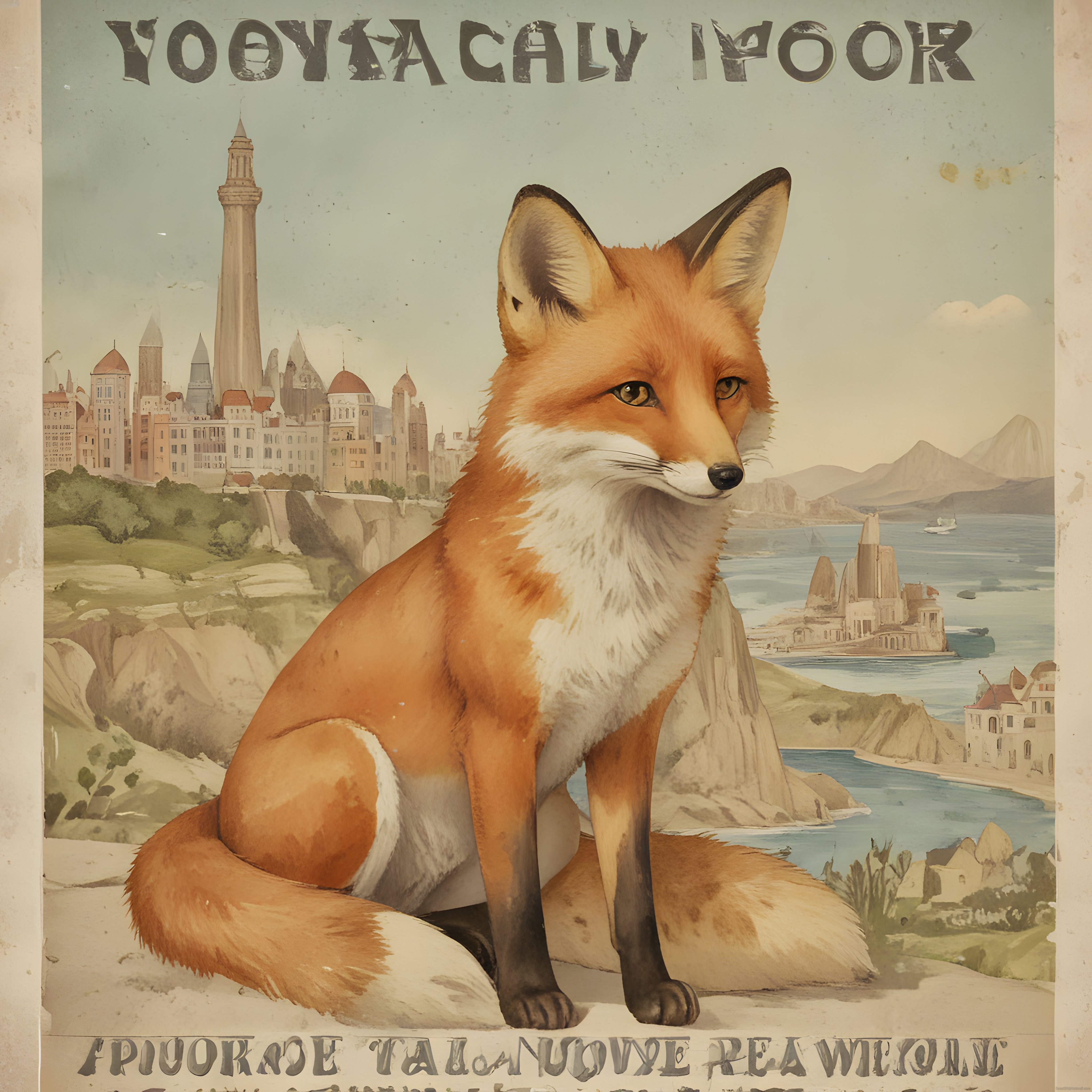 Antika Poster Stilinde Masalsı Şehir Manzarası Önünde Oturan Kızıl Tilki