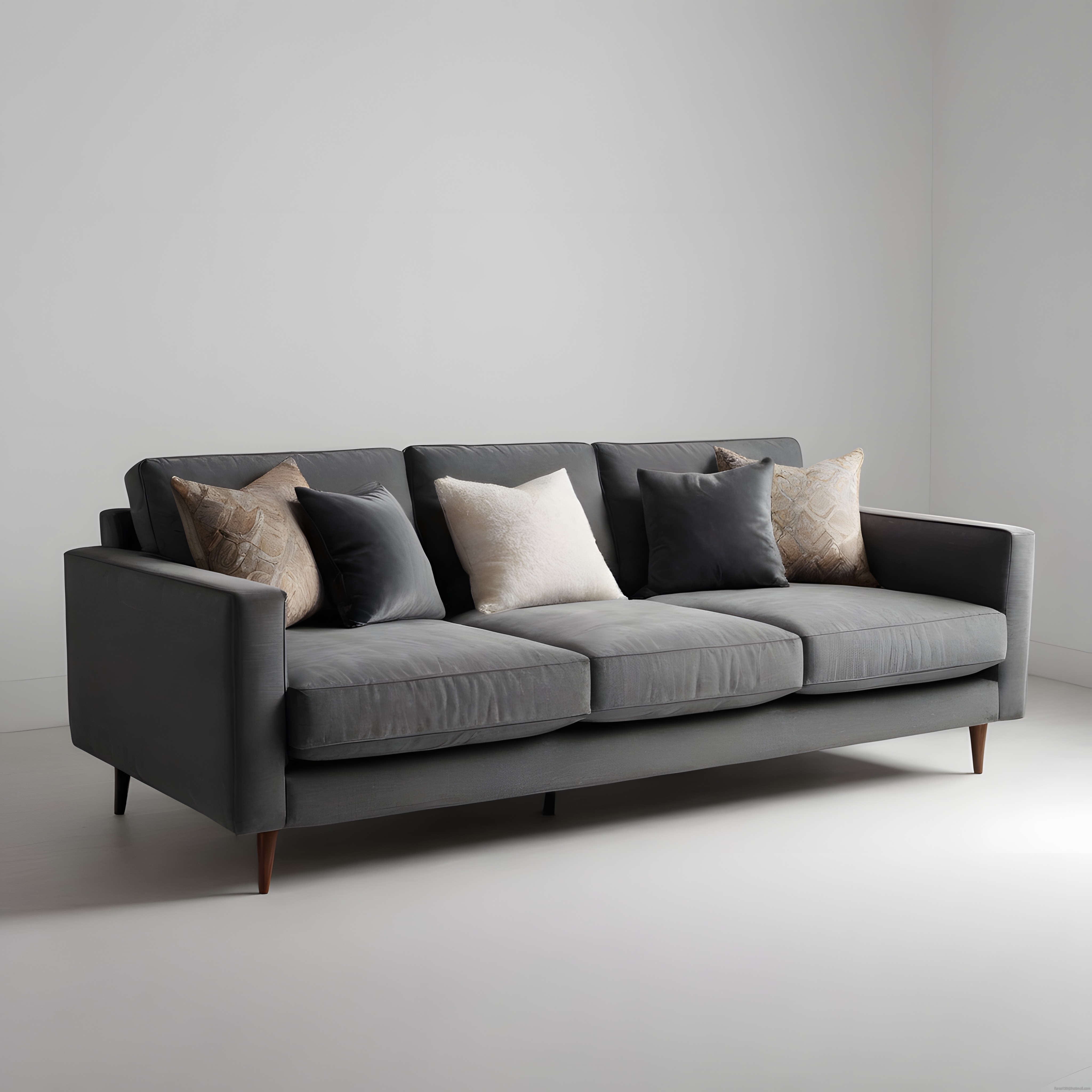 Antrasit Gri Üçlü Kanepe ve Dekoratif Yastıklarla Minimalist Salon Konsepti