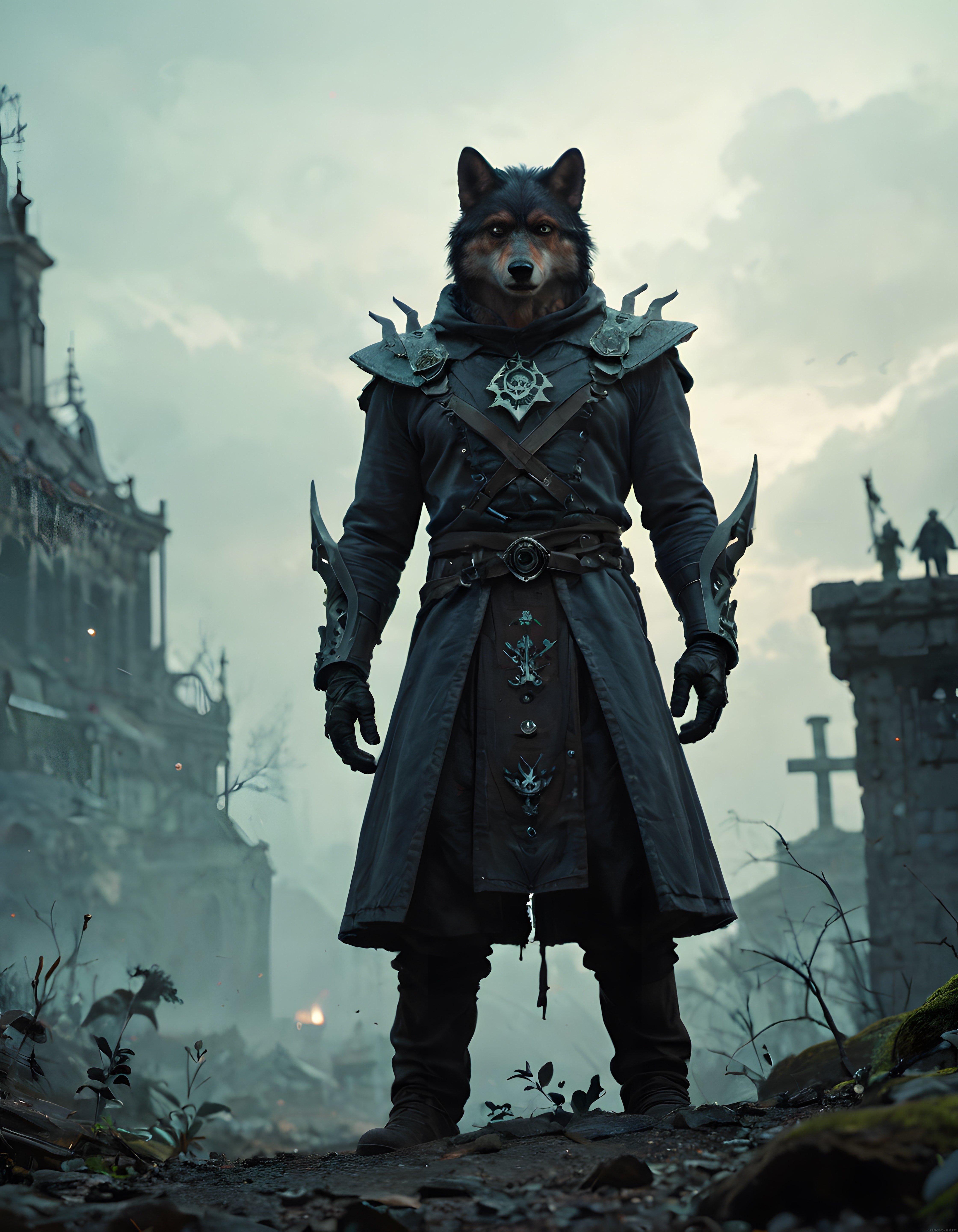 Antropomorfik Kurt Savaşçı ve Gotik Harabelerde Karanlık Fantezi Atmosfer
