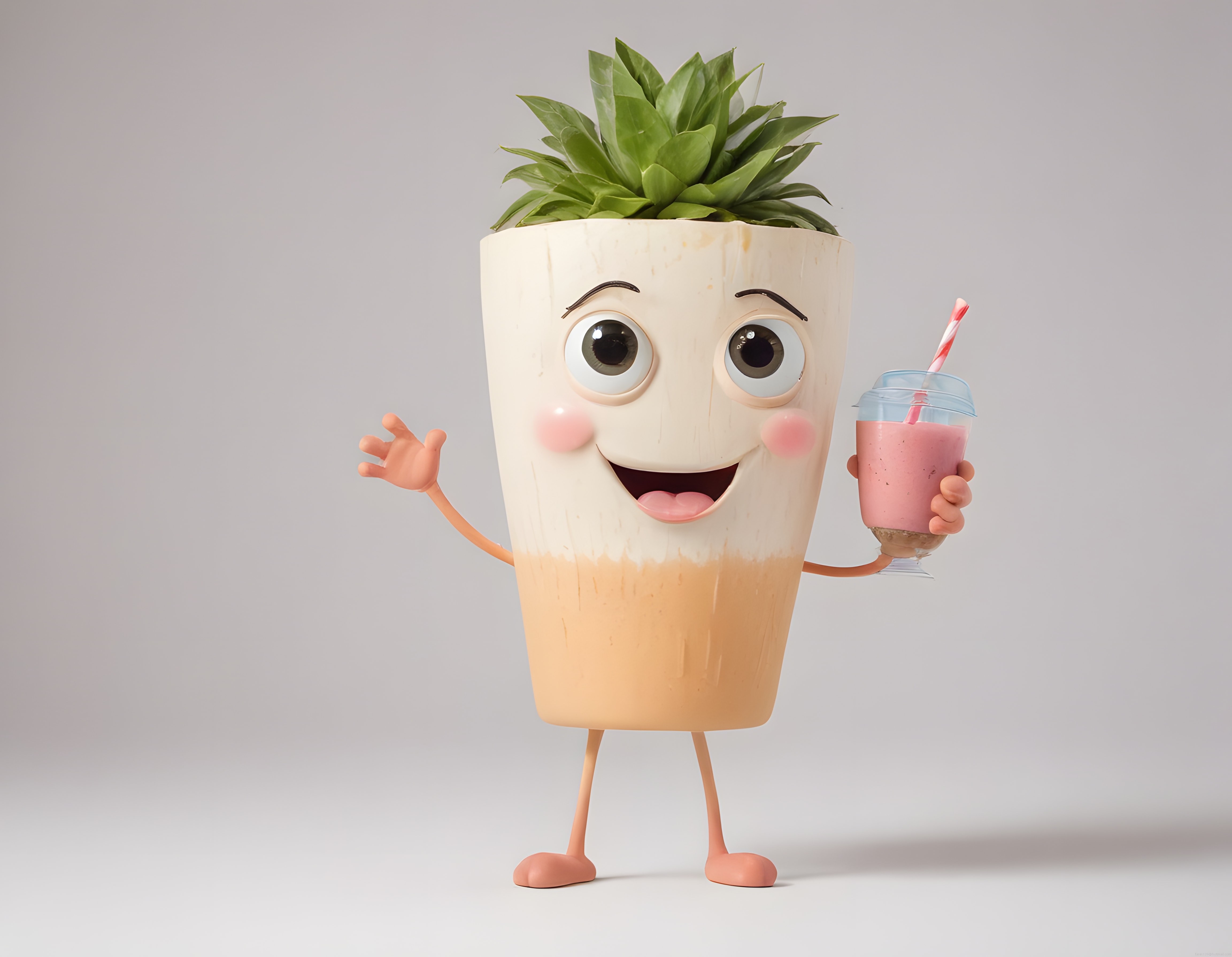 Antropomorfik Saksı Karakteri Pembe Smoothie Tutan Sevimli 3D Bitki Figürü