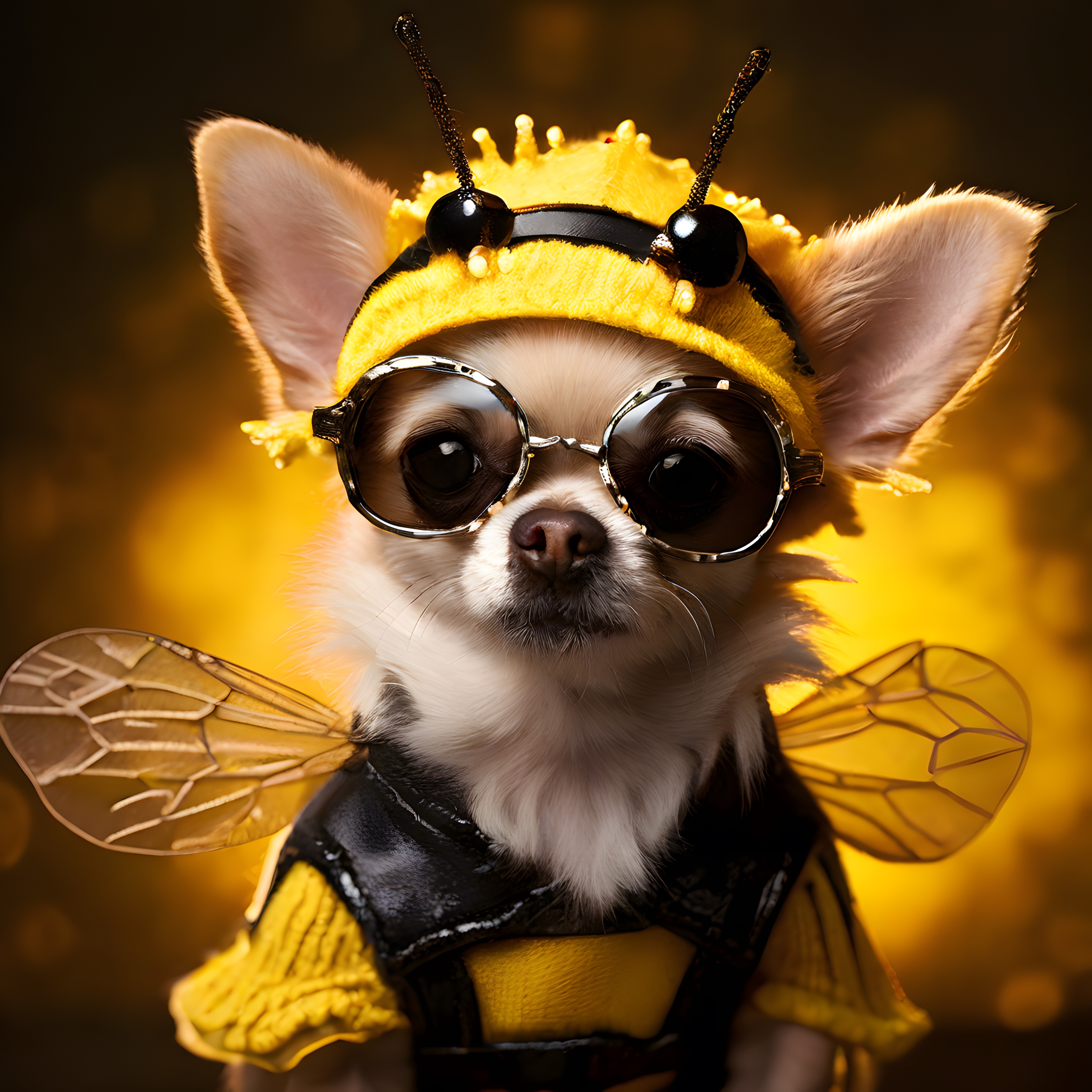 Arı kostümlü köpek portresi, güneş gözlüklü chihuahua sarı arka planda