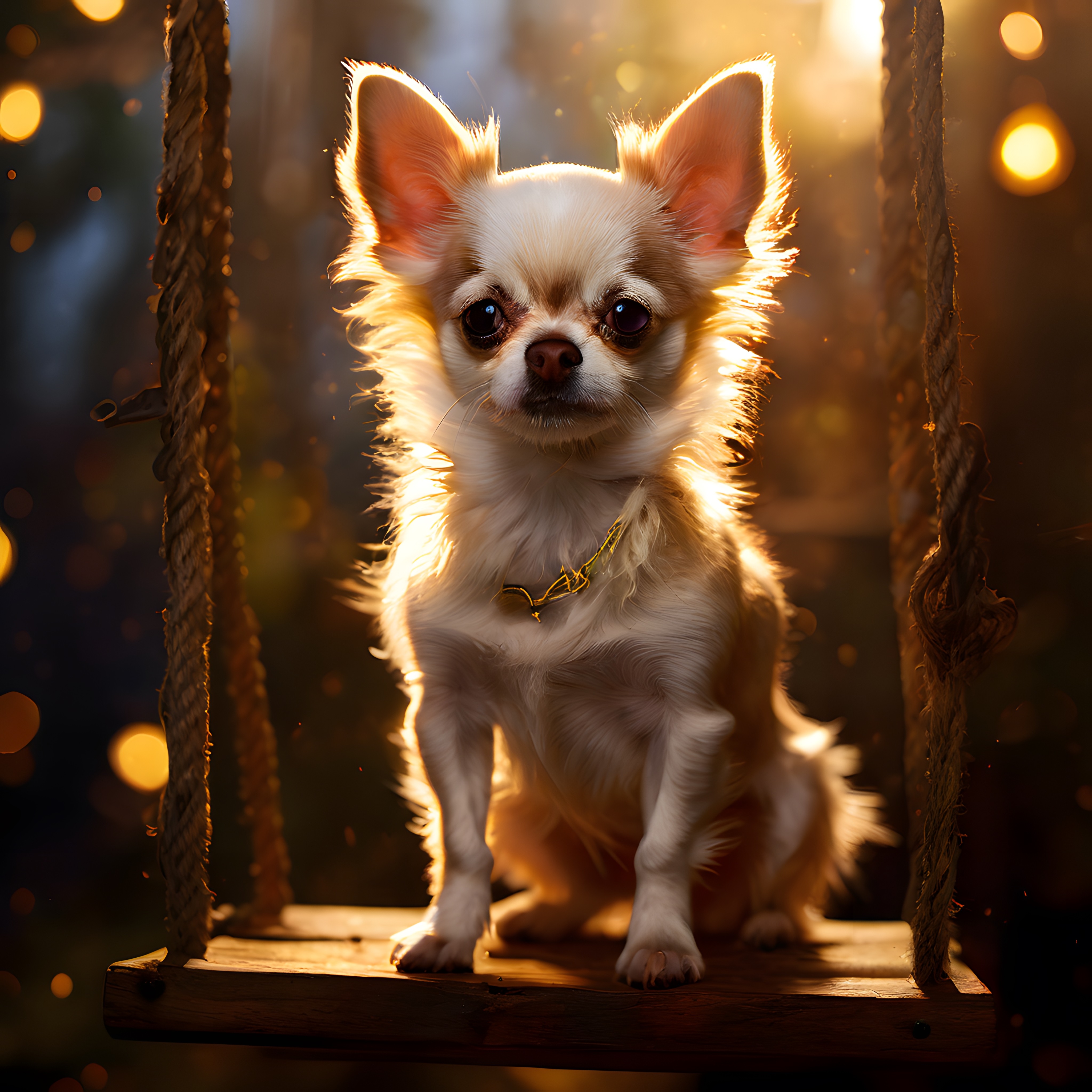 Arka ışıkla aydınlanmış ahşap salıncaktaki sevimli Chihuahua köpeği