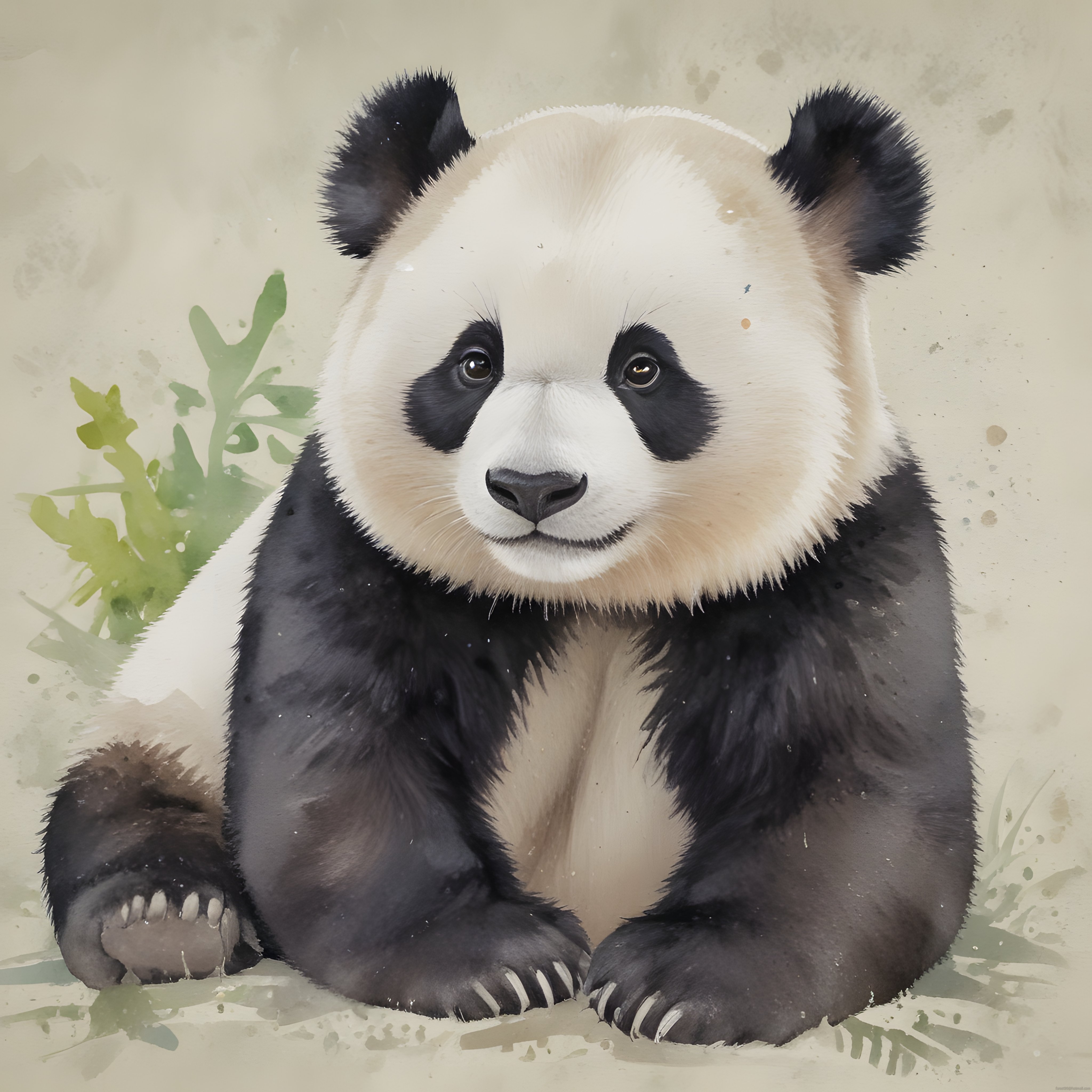 Arka Planda Bambu Yapraklarıyla Suluboya Efektli Oturan Sevimli Dev Panda
