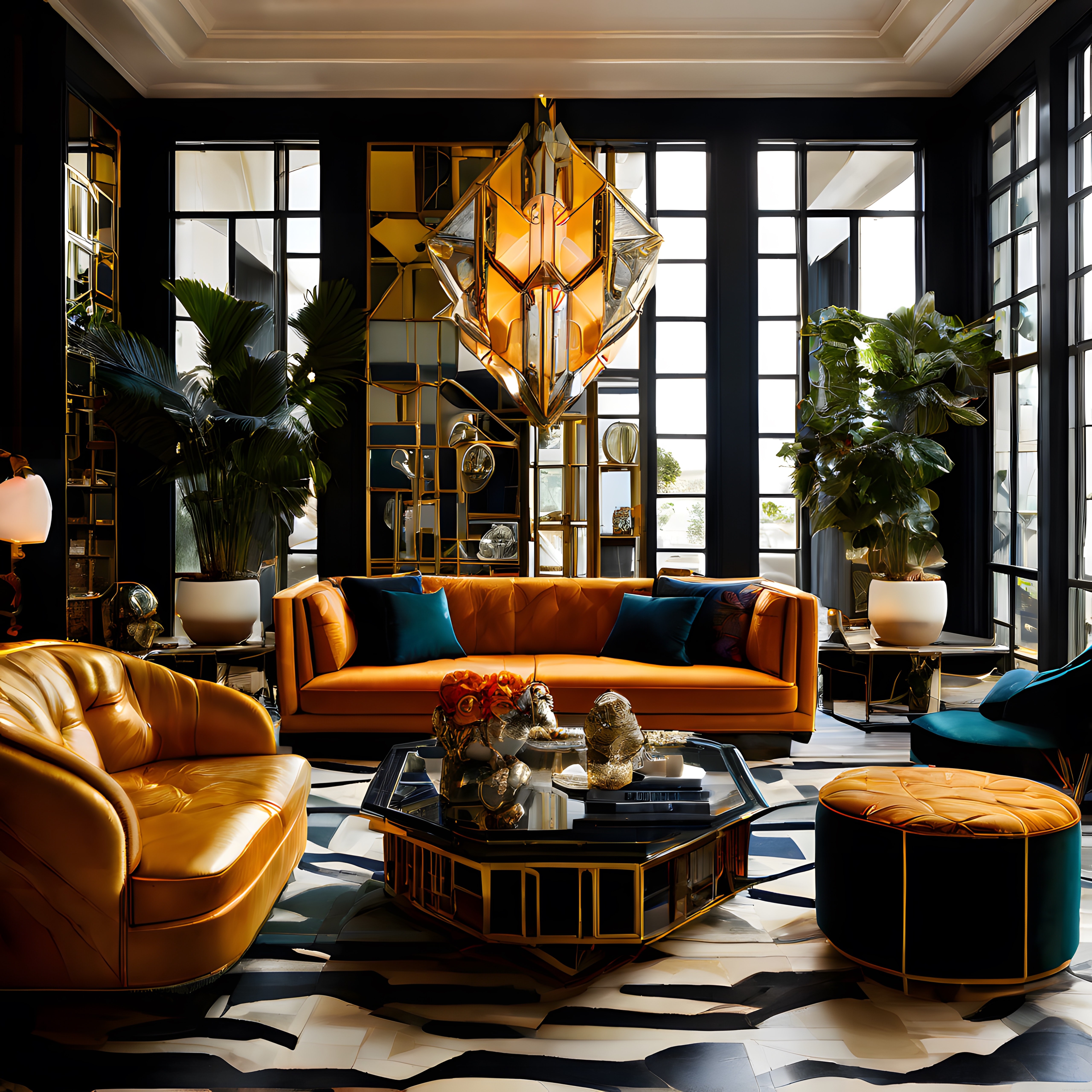 Art Deco Stili Lüks Salon Dekorasyonu ve Altın Detaylı Modern Oturma Odası