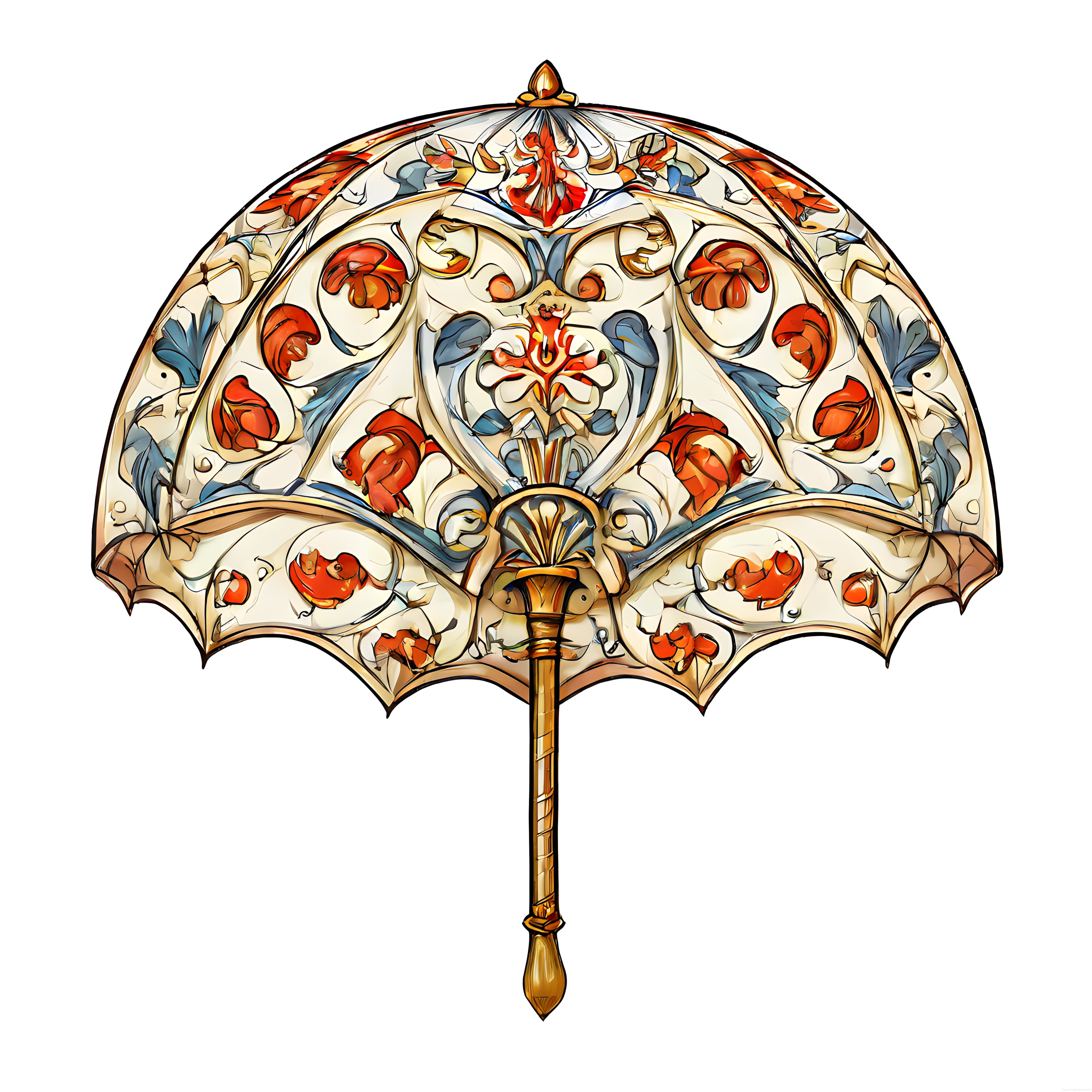 Art Nouveau Motifli Dijital Sanat Eseri: Süslü Dekoratif Şemsiye ve Yelpaze Tasarımı