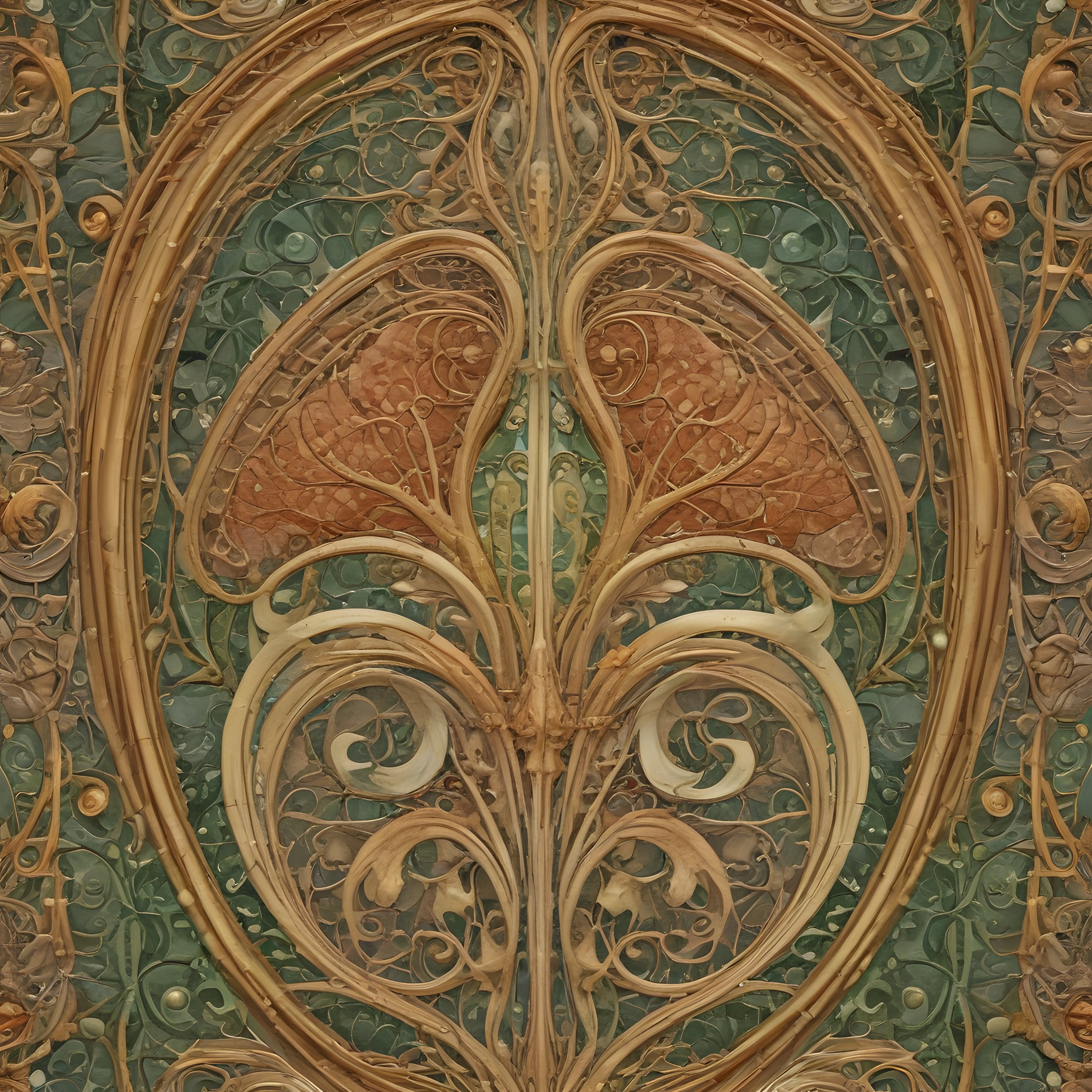 Art nouveau tarzı altın ve yeşil tonlarında simetrik duvar süslemesi detayı