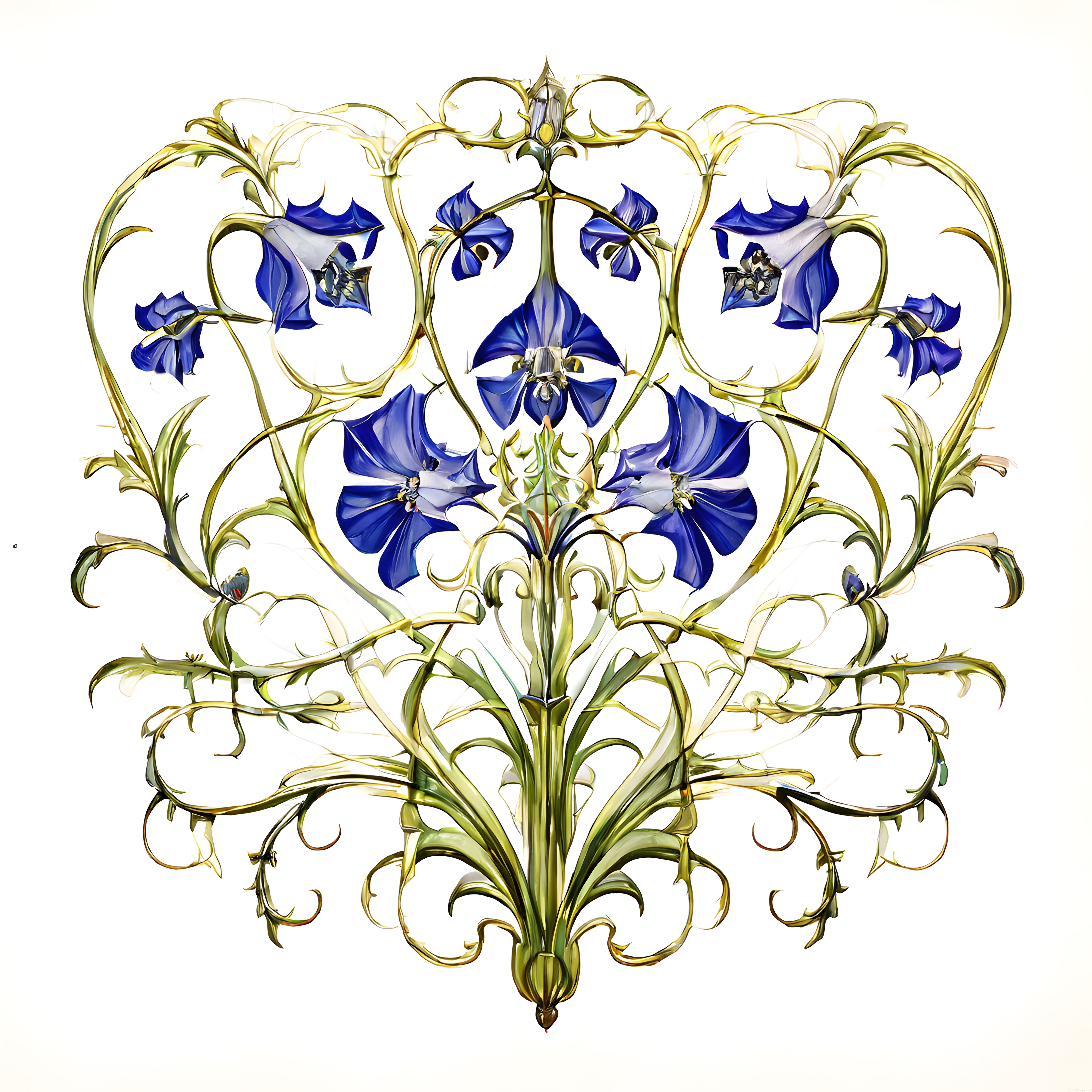 Art Nouveau tarzı simetrik kompozisyonda metalik dallar ve mavi çiçekler