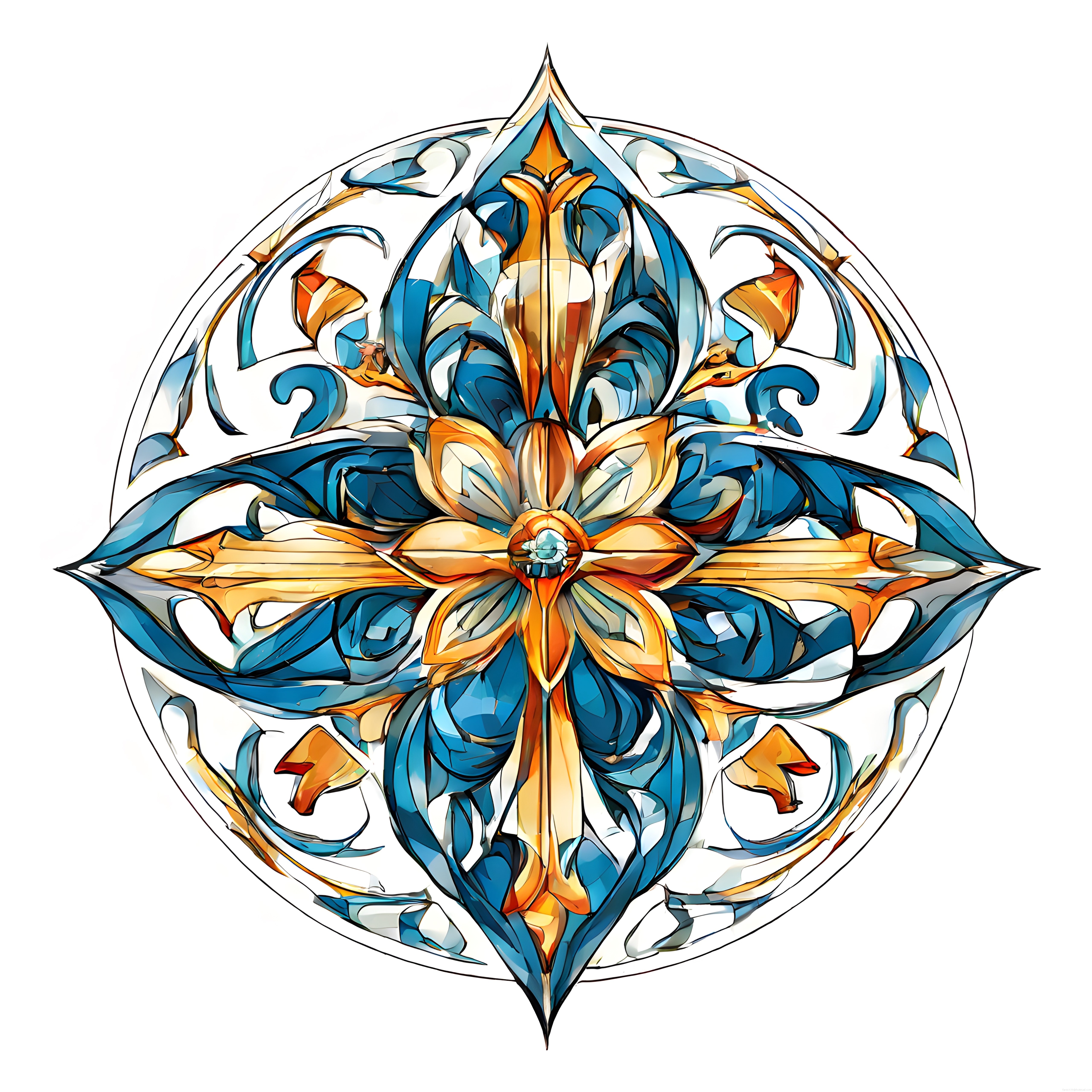 Art nouveau tarzı simetrik mandala mavi altın tonlarında vitray çiçek deseni