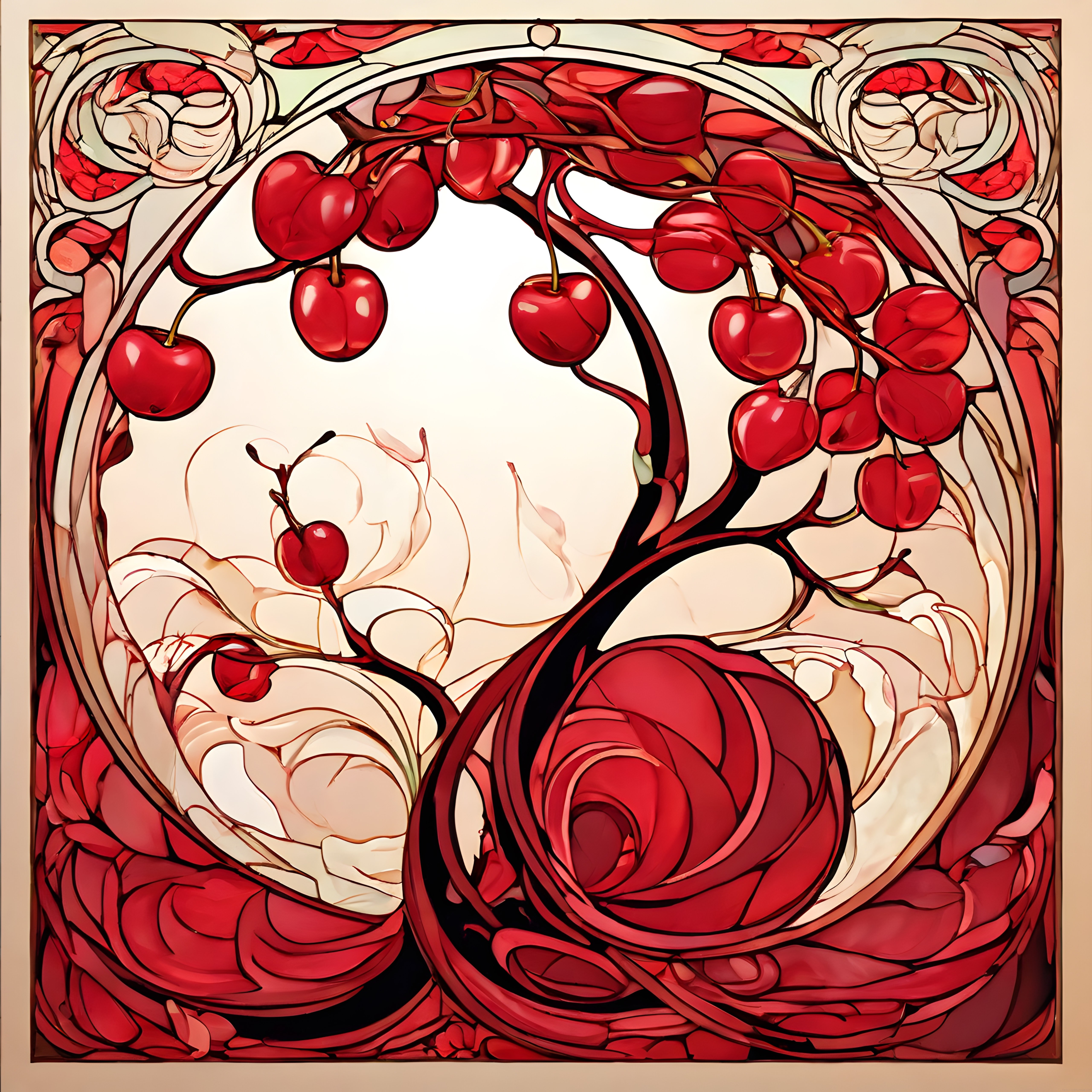 art nouveau tarzında kiraz ve gül motifli dekoratif vitray sanatı