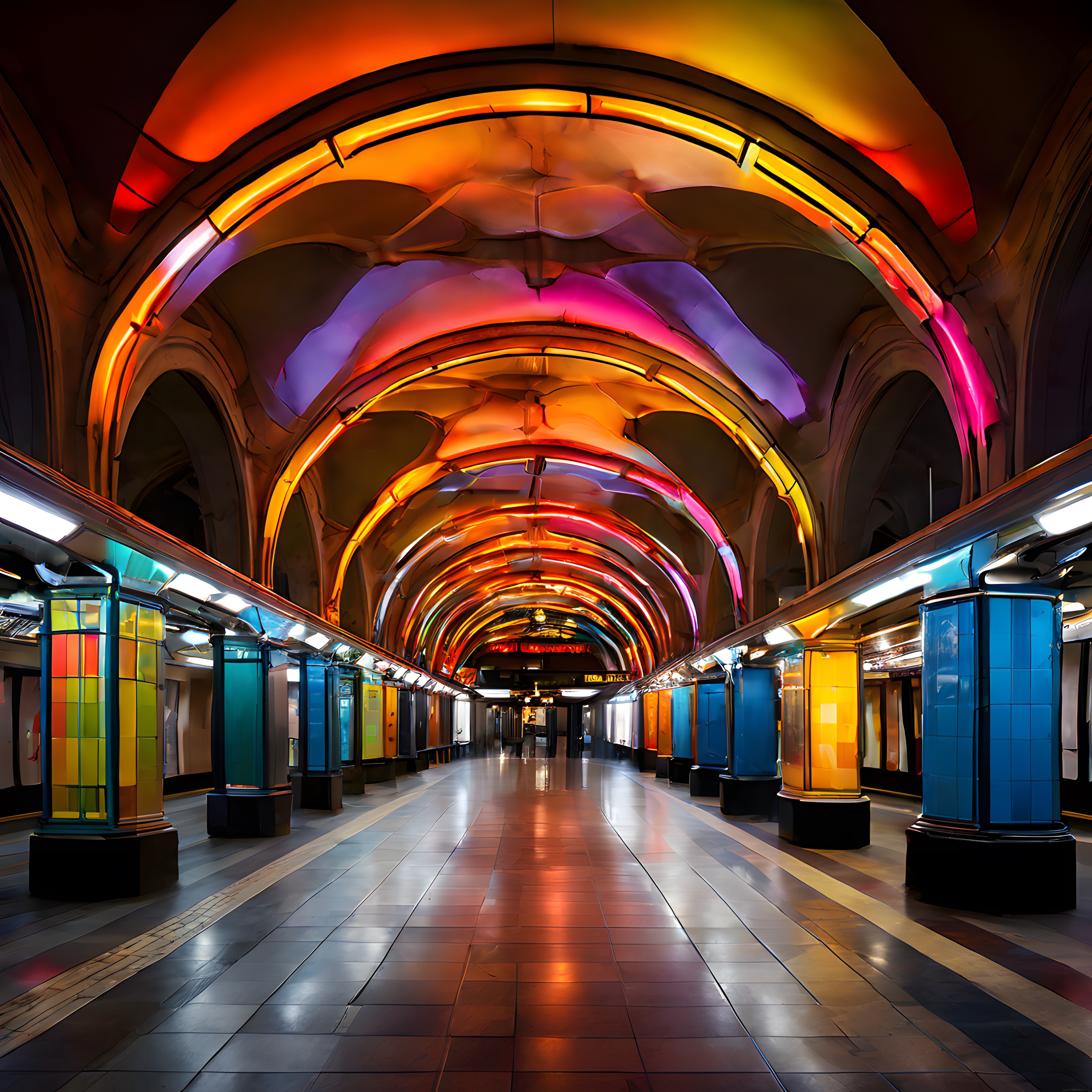 Art Nouveau Tarzında Renkli Işıklı Metro Koridorunun Büyüleyici Atmosferi