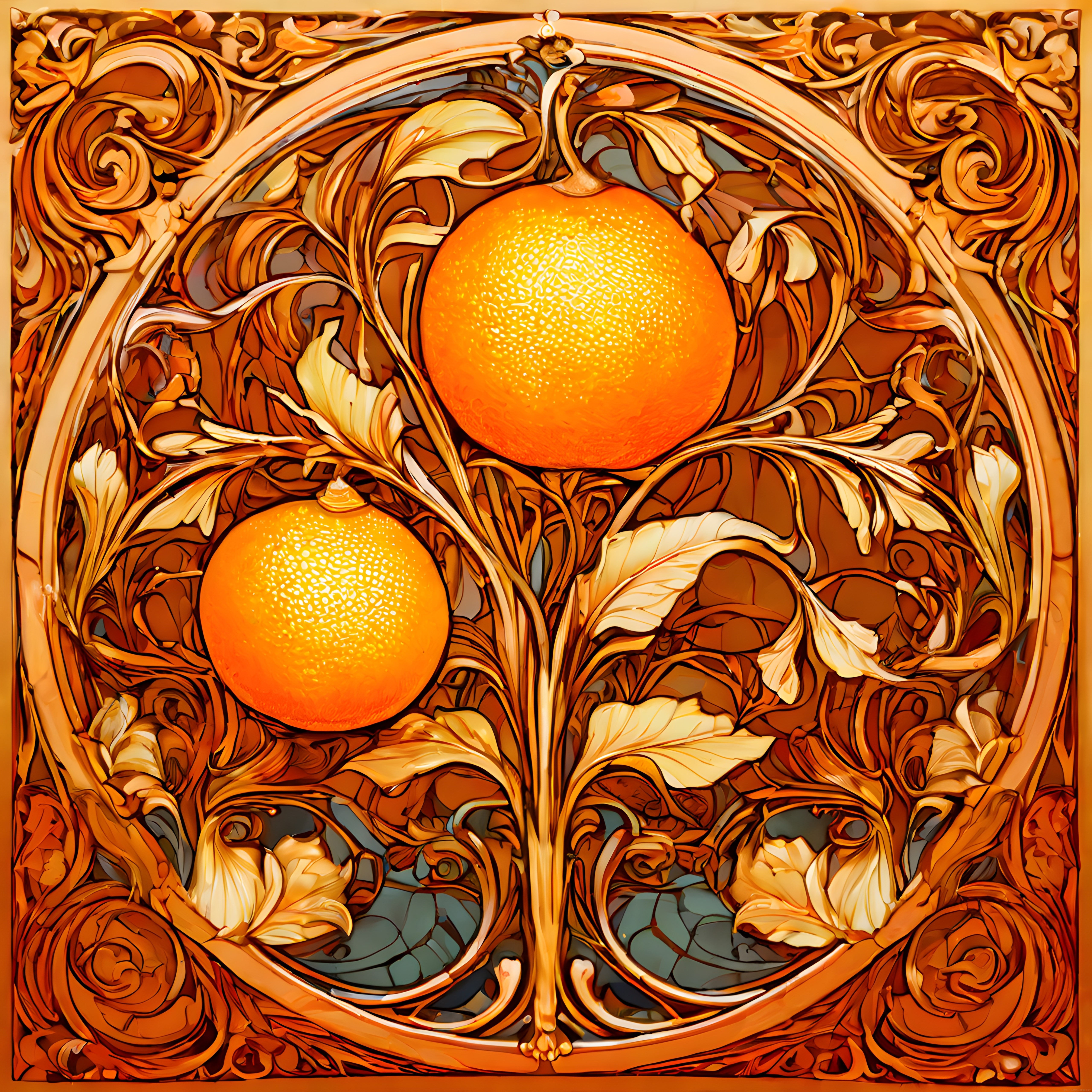 Art Nouveau Tarzında Turuncu Meyve Motifli Dekoratif Dijital Sanat Eseri