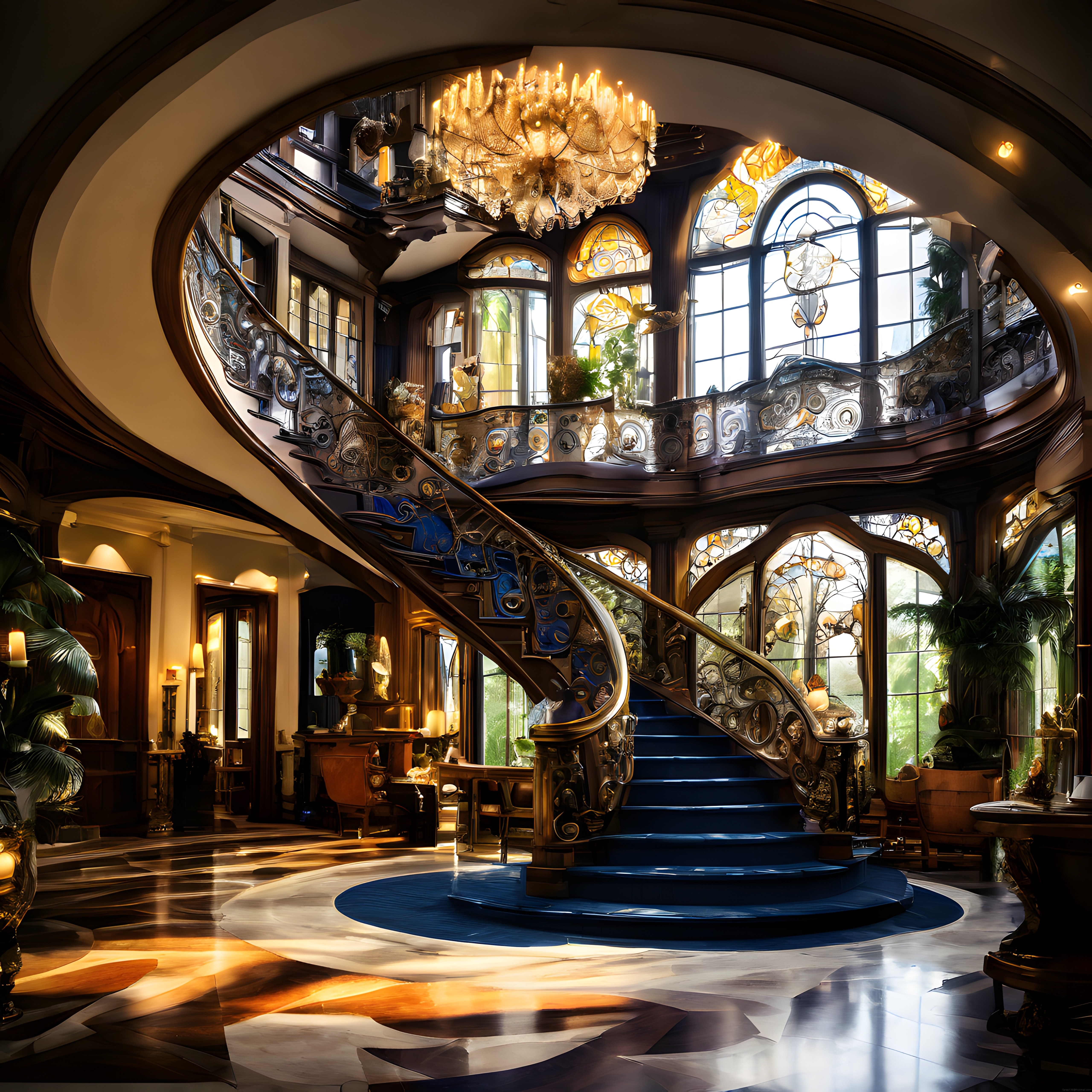Art Nouveau Tarzında Vitray Pencereli ve Avizeli Lüks Tarihi Villa İç Mekanı