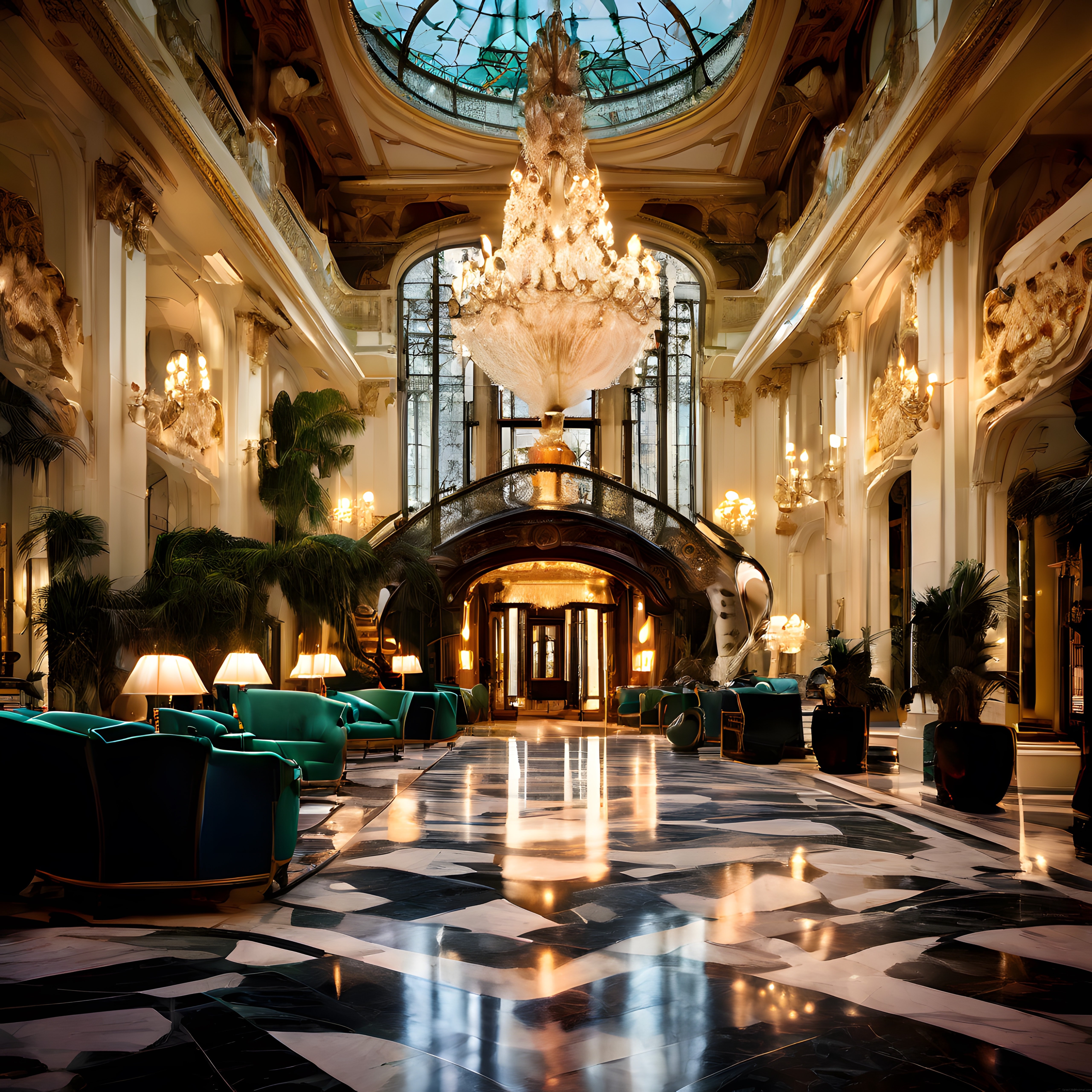 Art Nouveau Tarzında Vitray Tavanlı Görkemli Lüks Otel Lobisi ve Avize