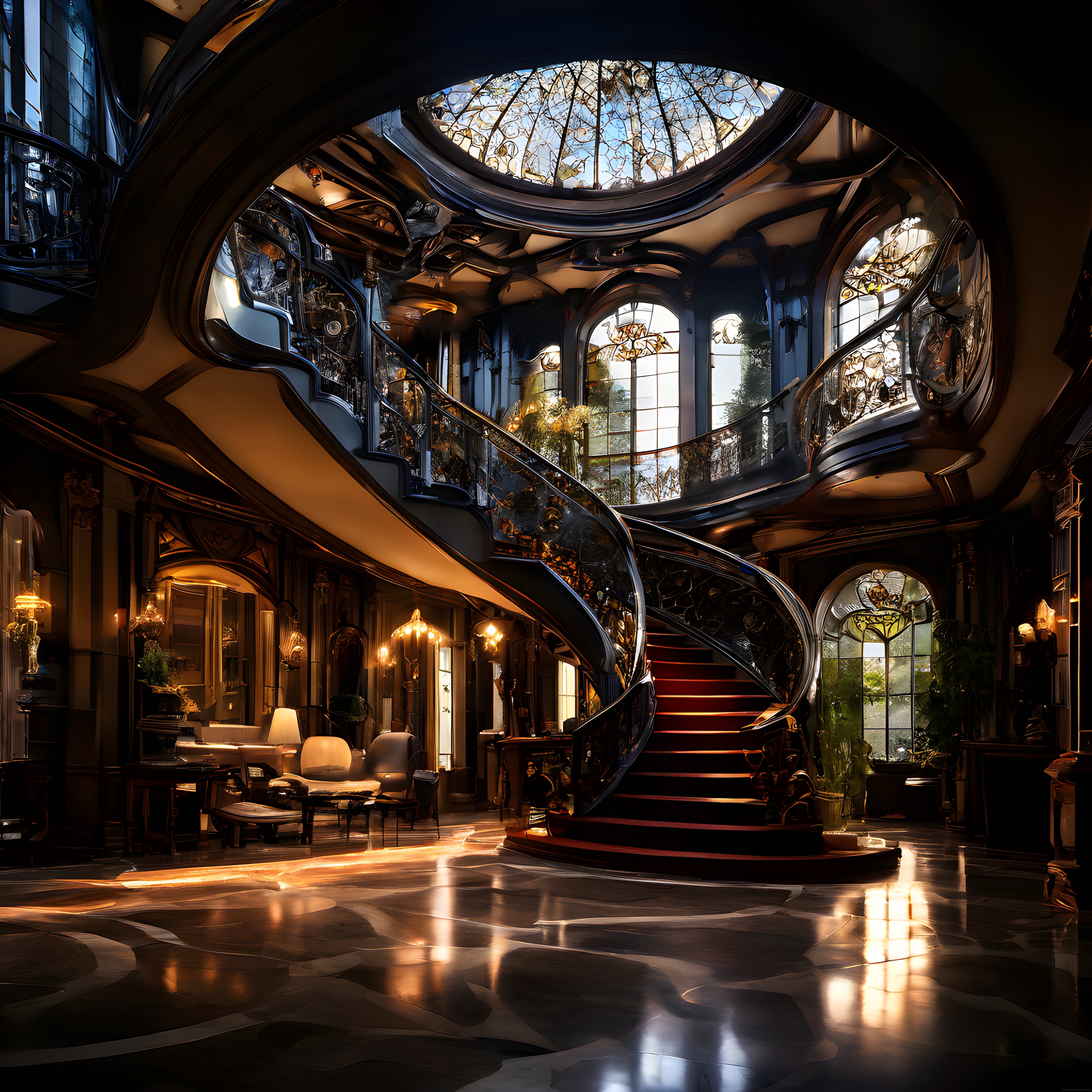 Art Nouveau tarzında vitray tavanlı spiral merdivenli lüks malikane giriş holü