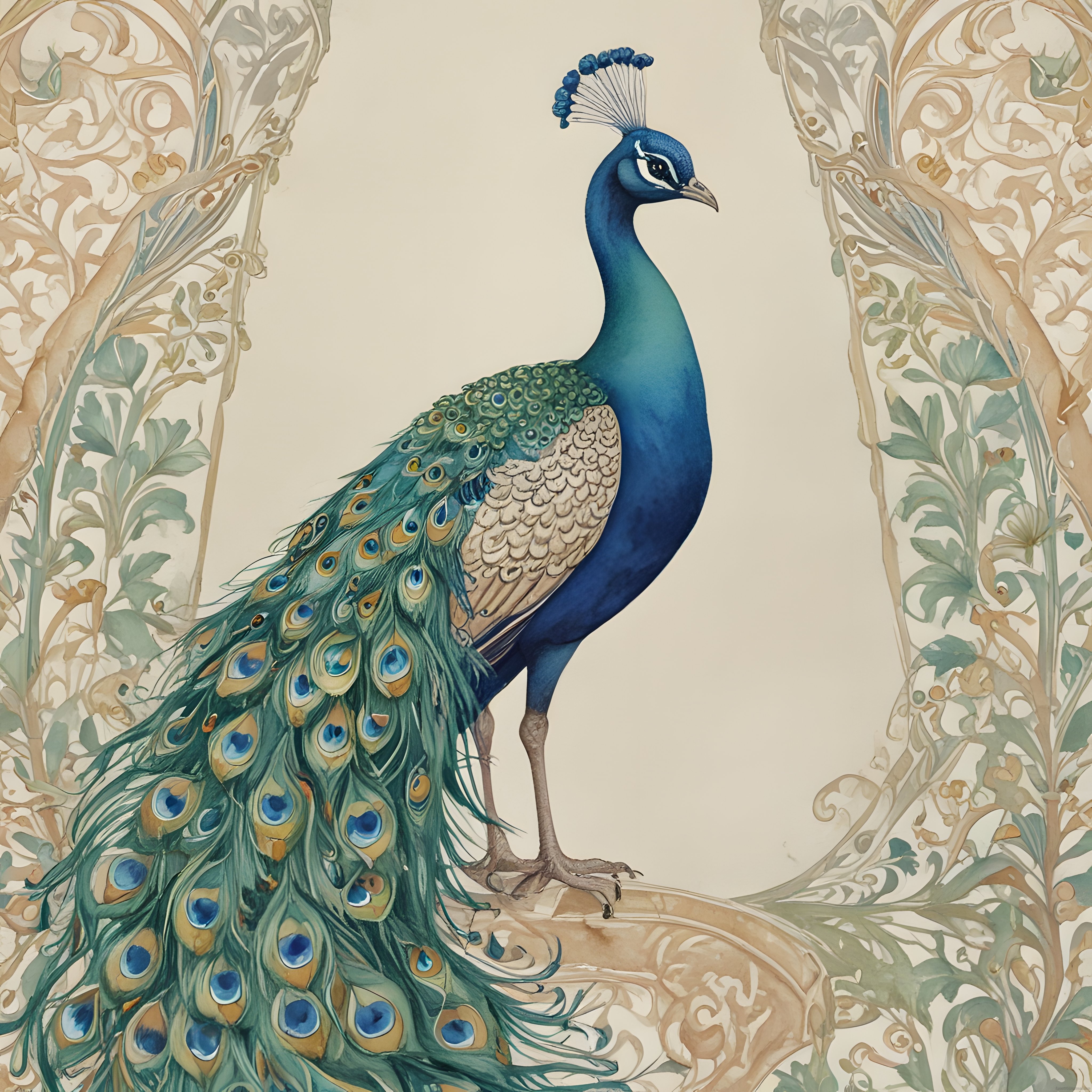 Art Nouveau Tarzında Zarif Tavus Kuşu Suluboya İllüstrasyonu ve Süslemeleri