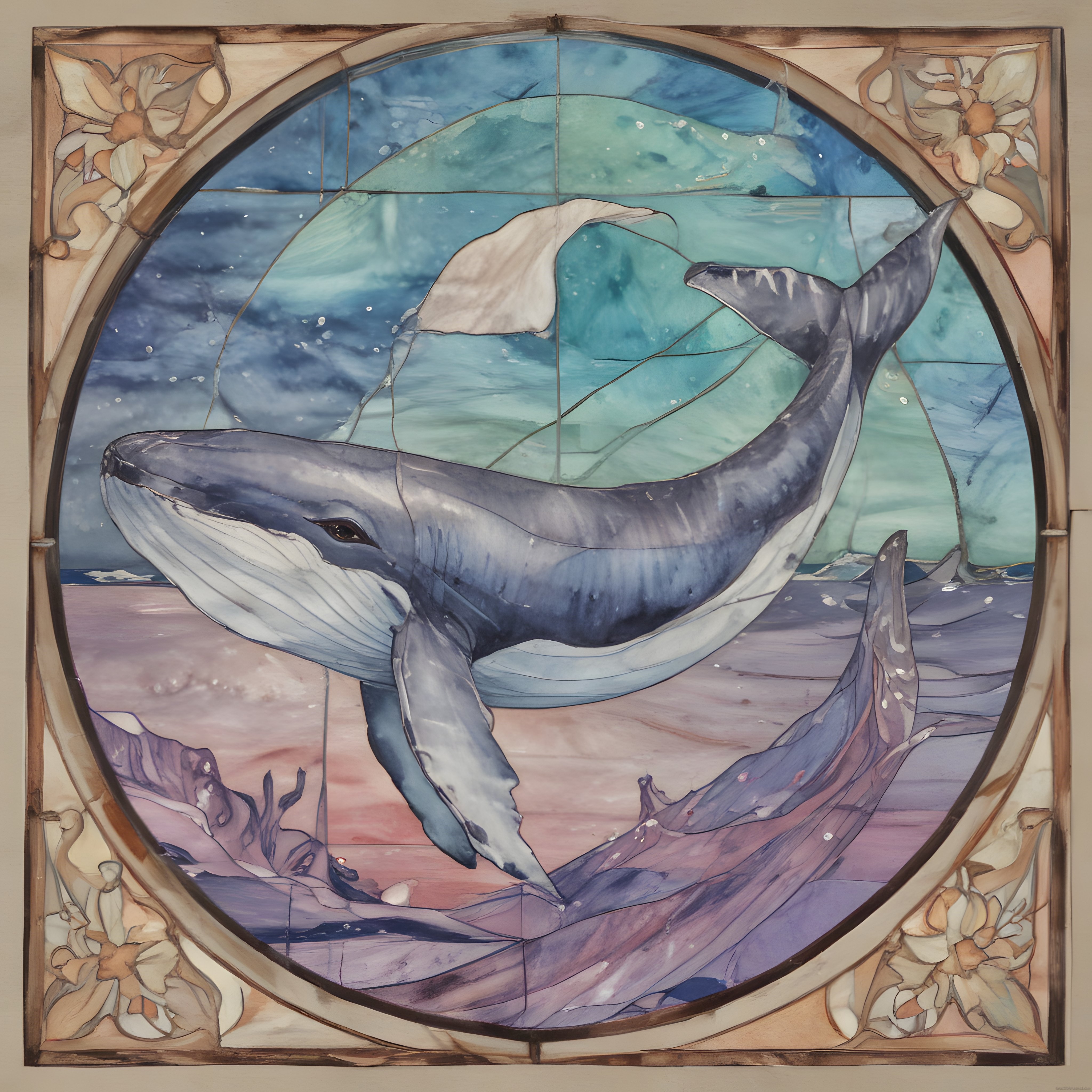 Art Nouveau vitray pencerede suluboya kambur balina tablosu