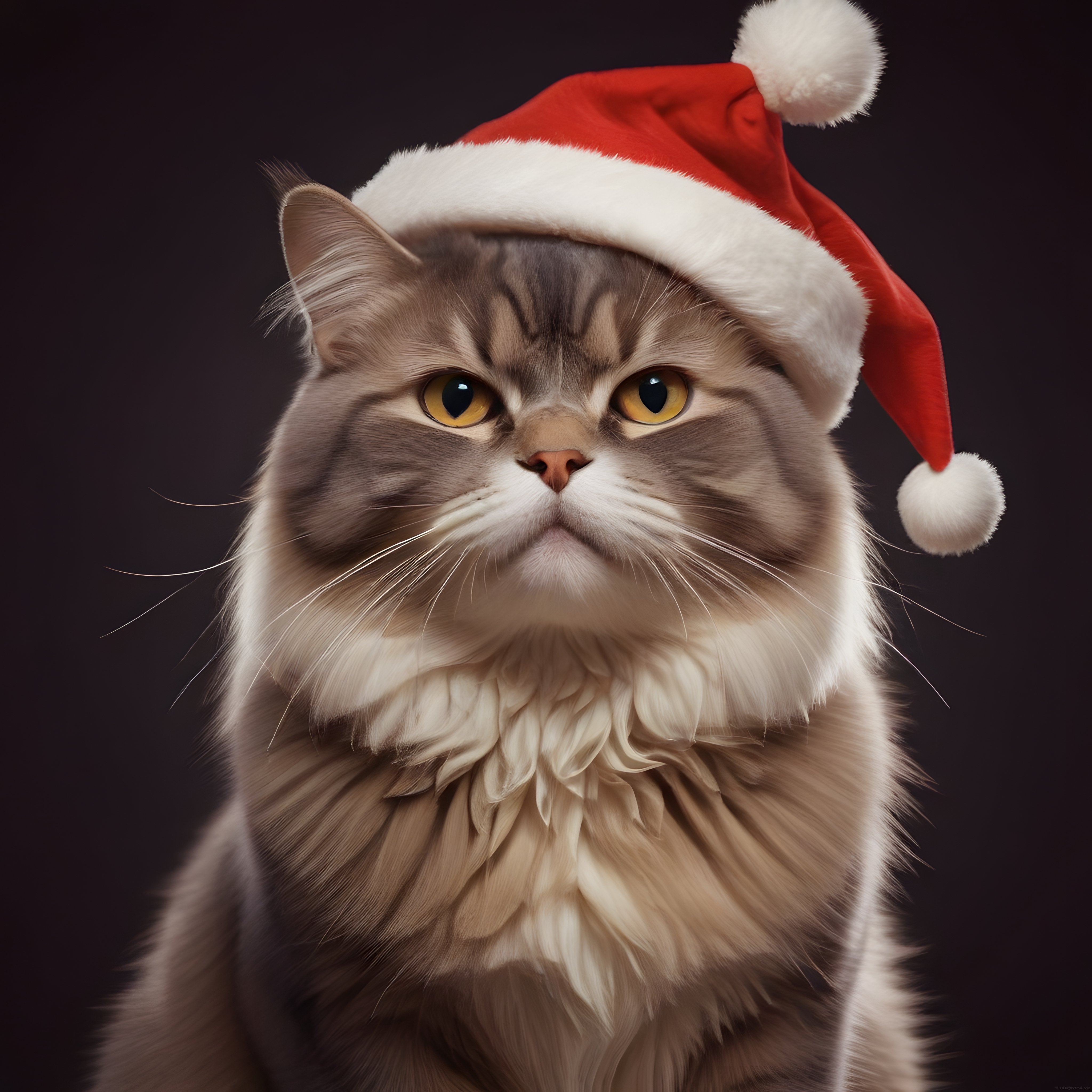 Asık Suratlı ve Uzun Tüylü Kedinin Noel Baba Şapkalı Sevimli Portresi