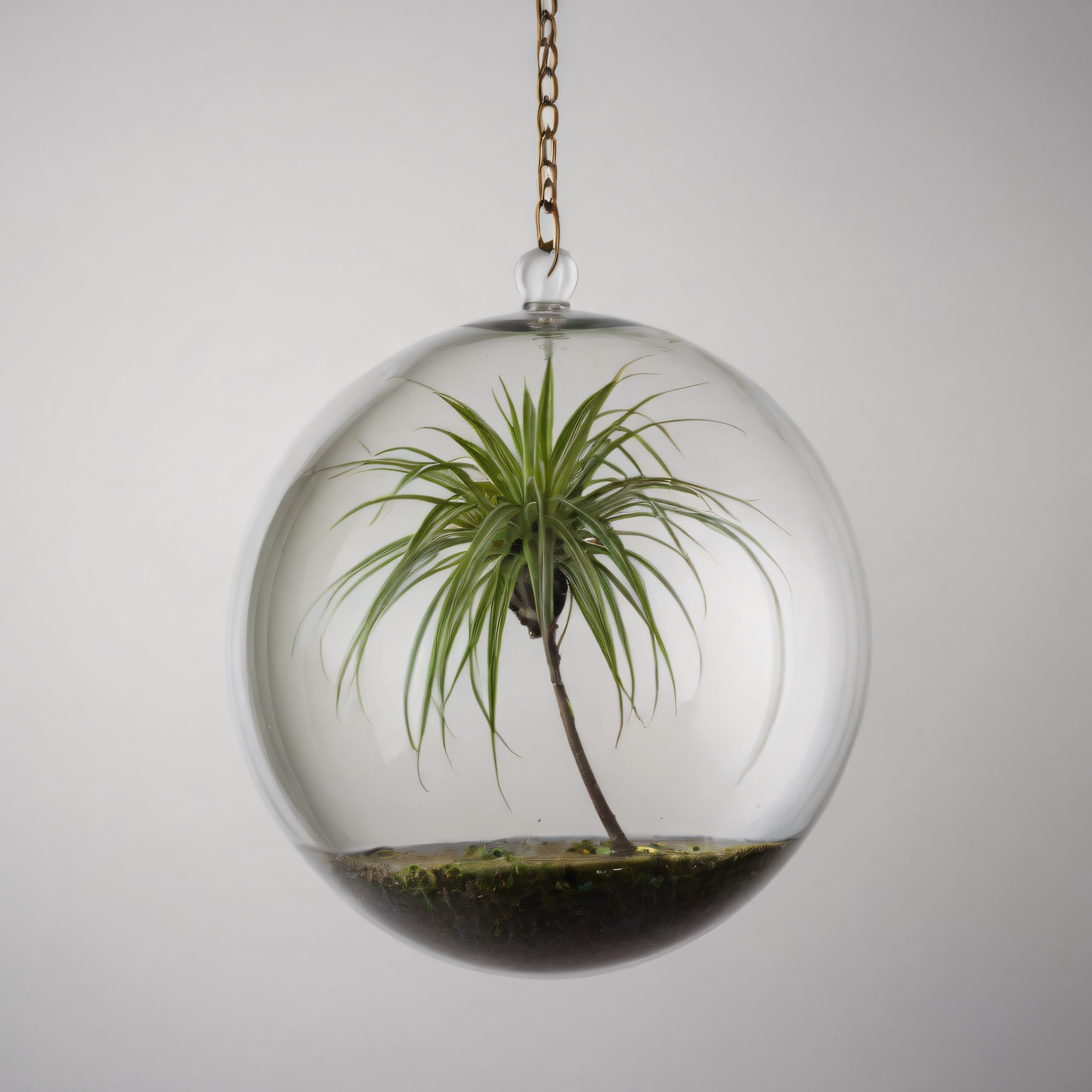 Asılı Cam Küre Terrariumda Palmiye Bitkisi ile Minimalist İç Mekan Dekorasyonu