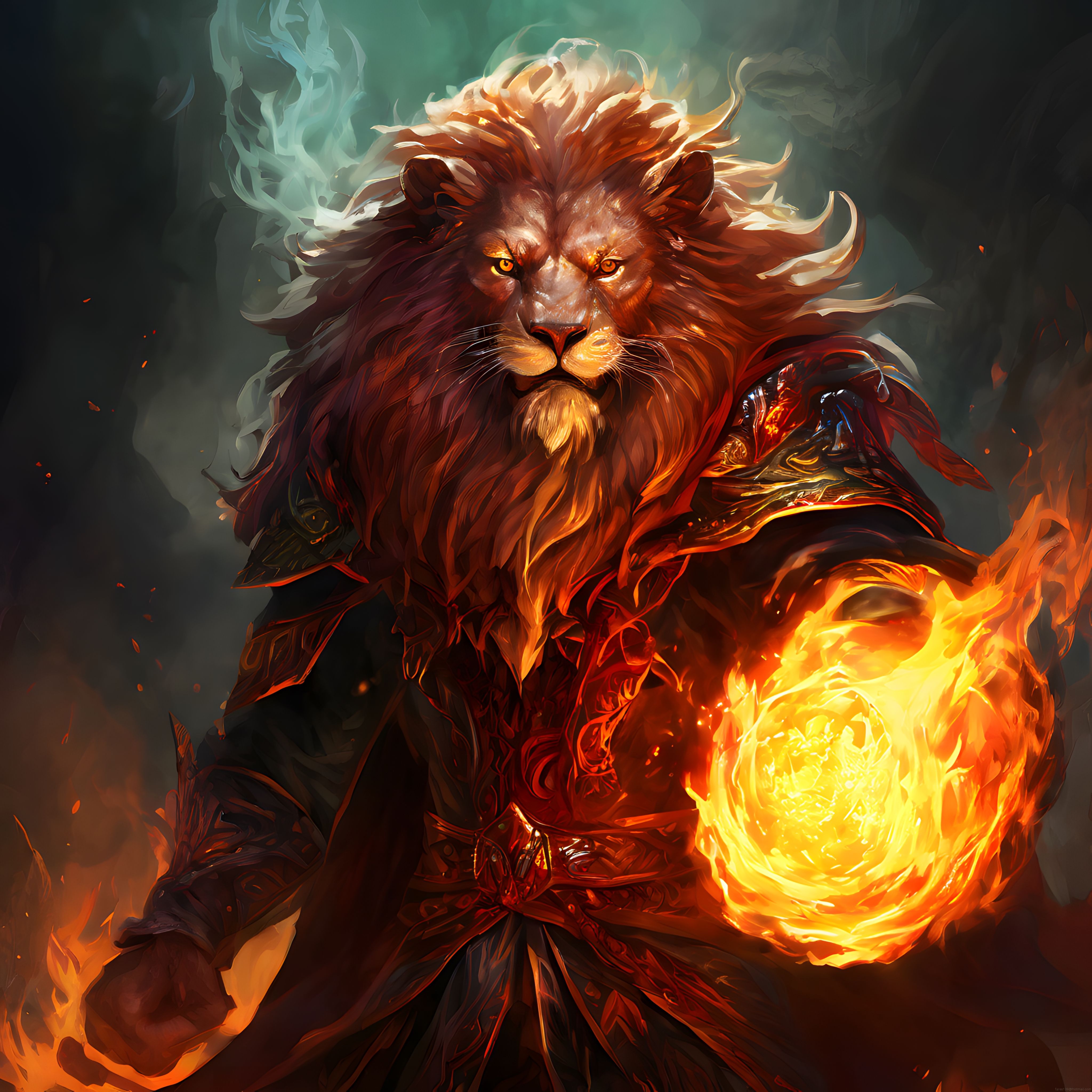 Aslan başlı fantastik savaşçı alev küresiyle dijital sanat çalışması