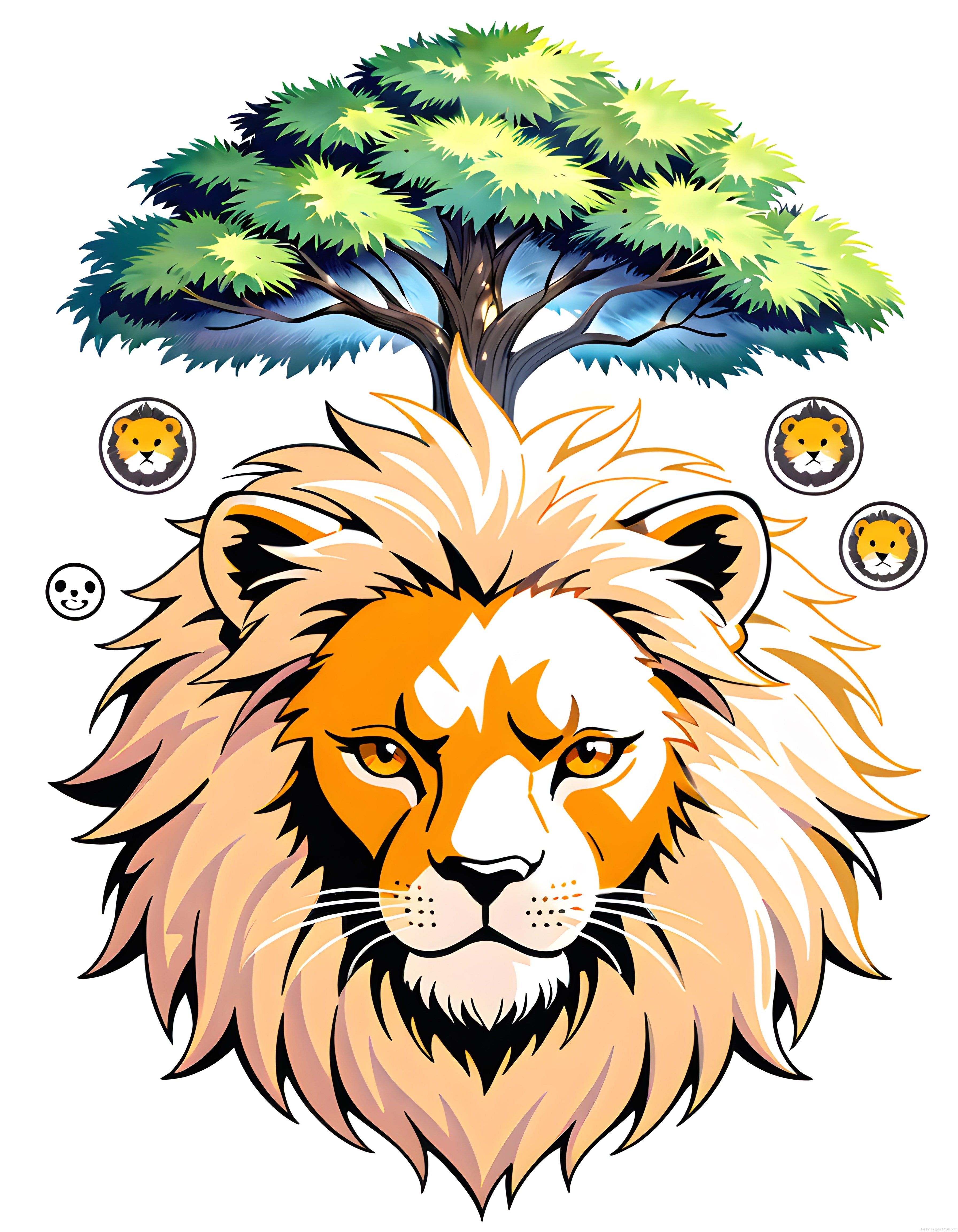Aslan Kafası ve Yemyeşil Ağaçla Doğa Temalı Vektörel Logo Tasarımı