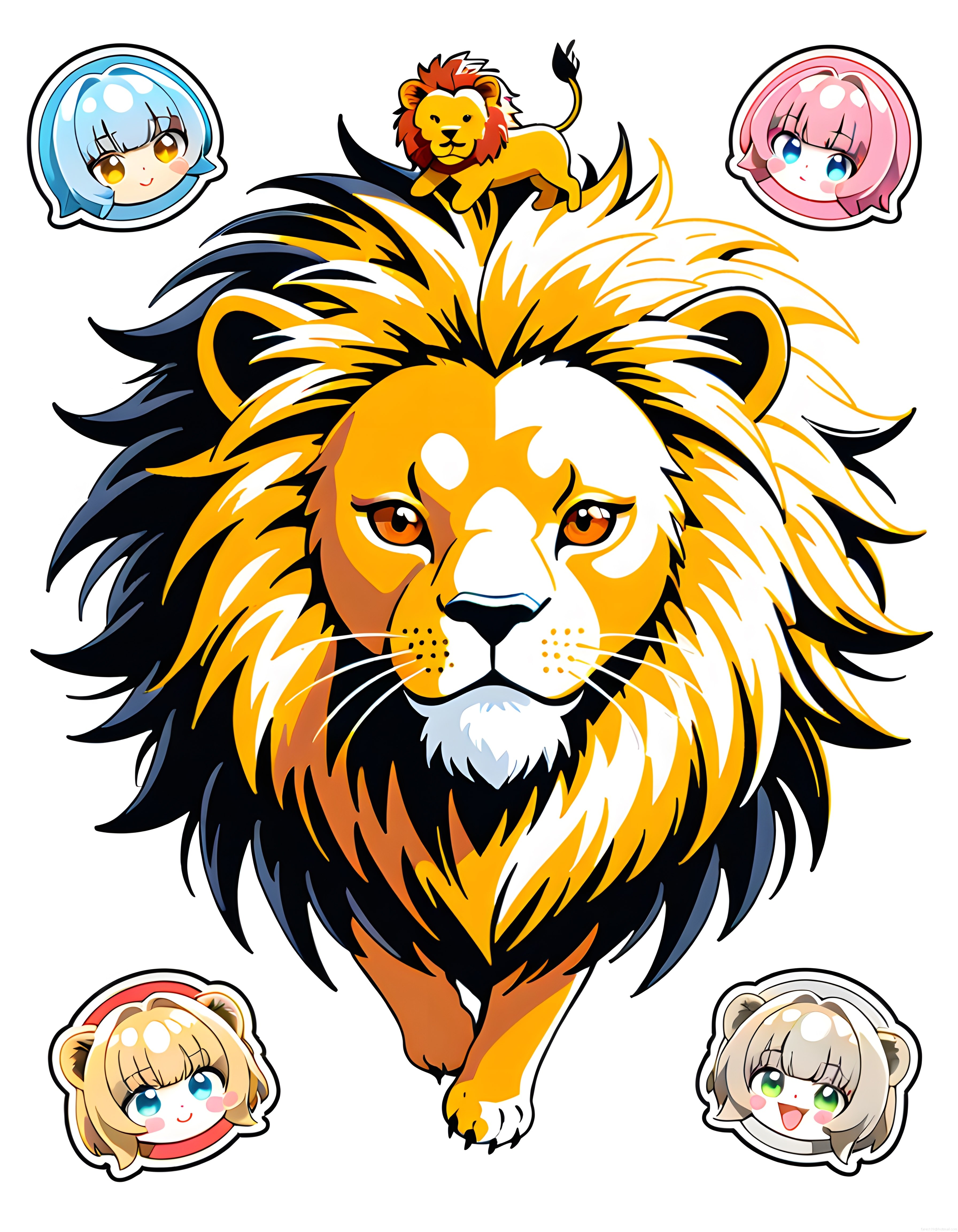 Aslan Kral ve Chibi Anime Karakterlerle Renkli Vektörel Dijital İllüstrasyon