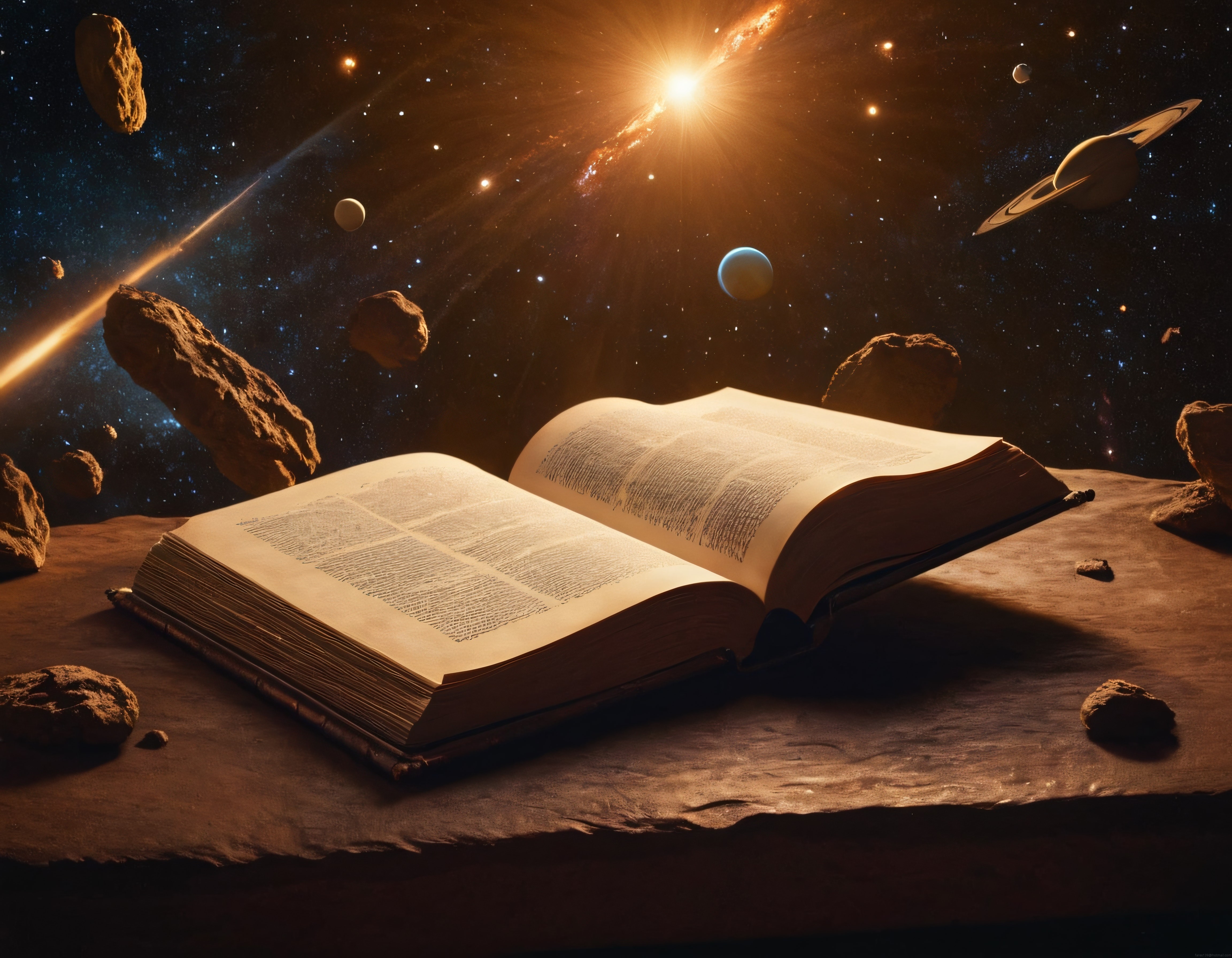 asteroid üzerinde açılmış antik kitap ve parlak galaksili gizemli uzay sahnesi