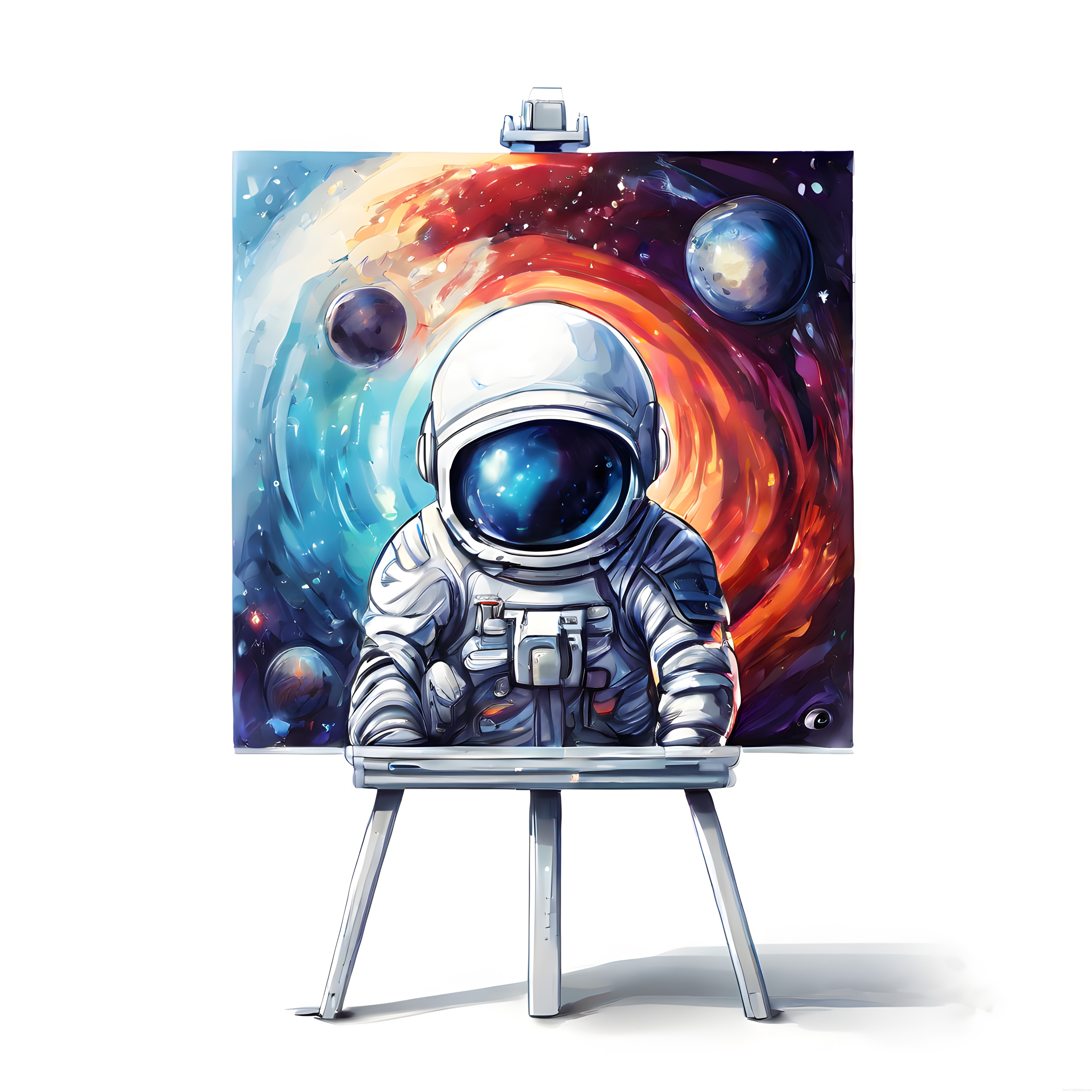 Astronot ve Işıltılı Galaksinin Buluştuğu Şövadaki Dijital Sanat Tablosu