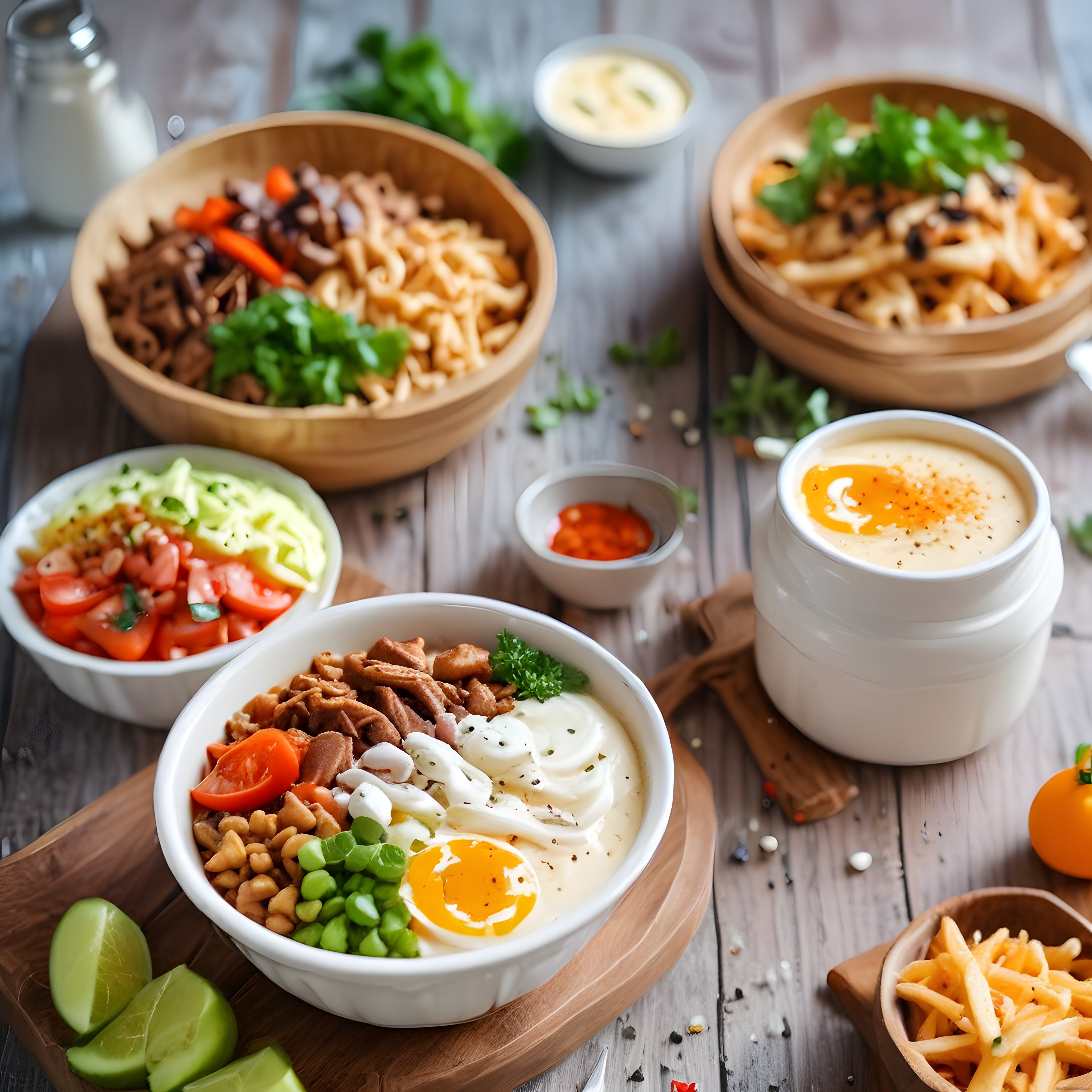Asya mutfağından renkli noodle kaseleri ve taze sebzelerle ahşap masa sunumu