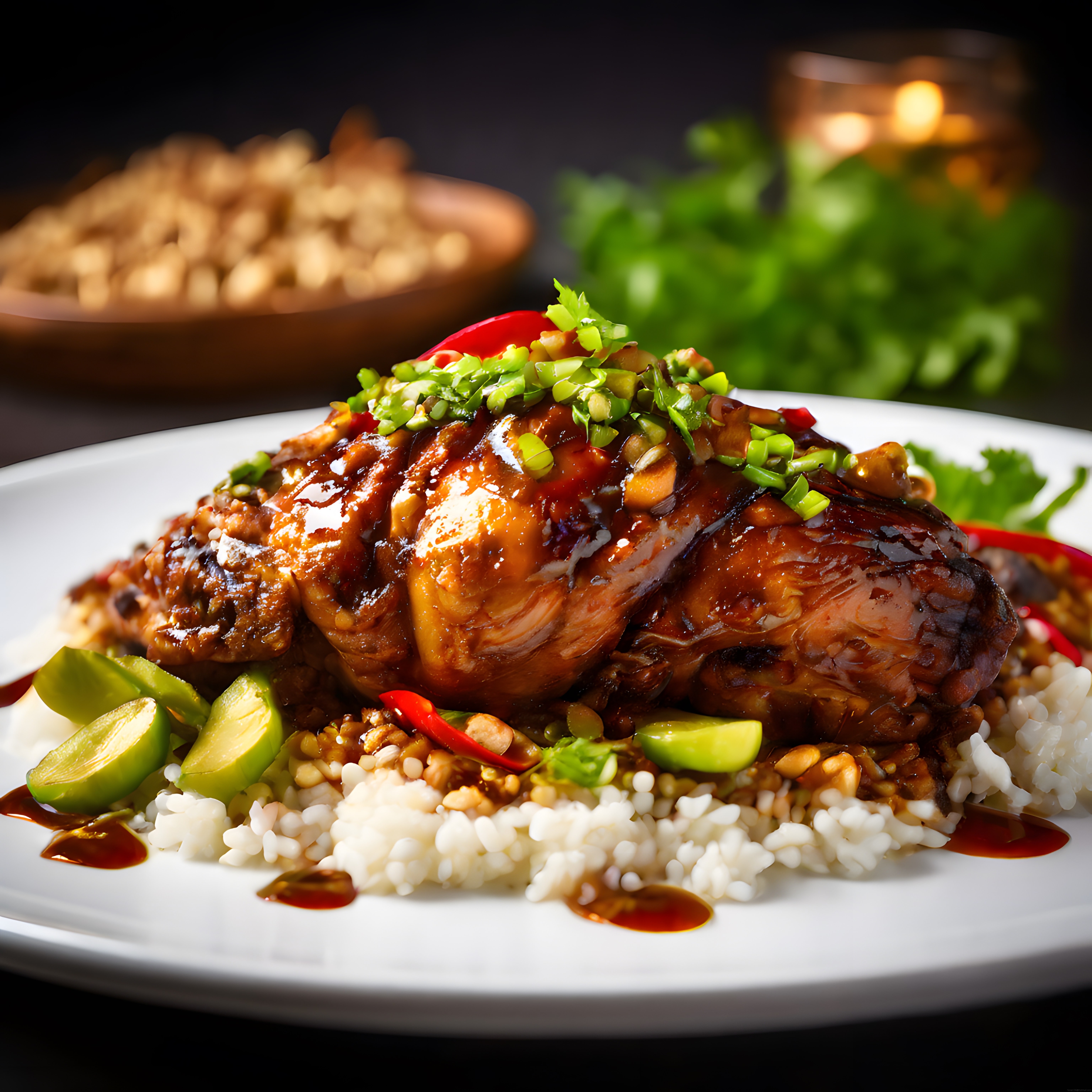 Asya Mutfağından Teriyaki Soslu Parlak Tavuk ve Fıstıklı Pilav Tabağı