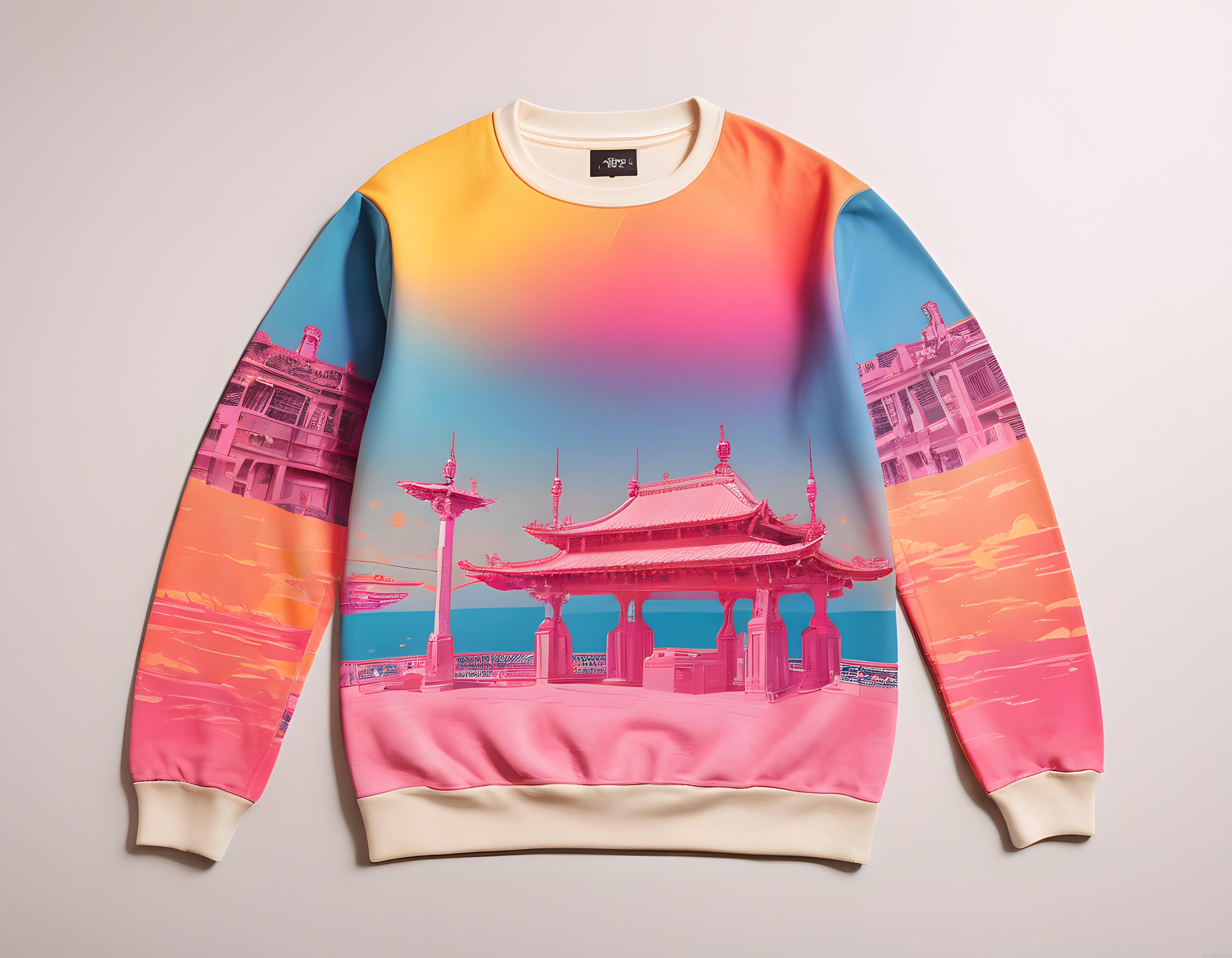 Asya Tapınağı Deseniyle Gökkuşağı Tonlarında Dijital Baskılı Sweatshirt