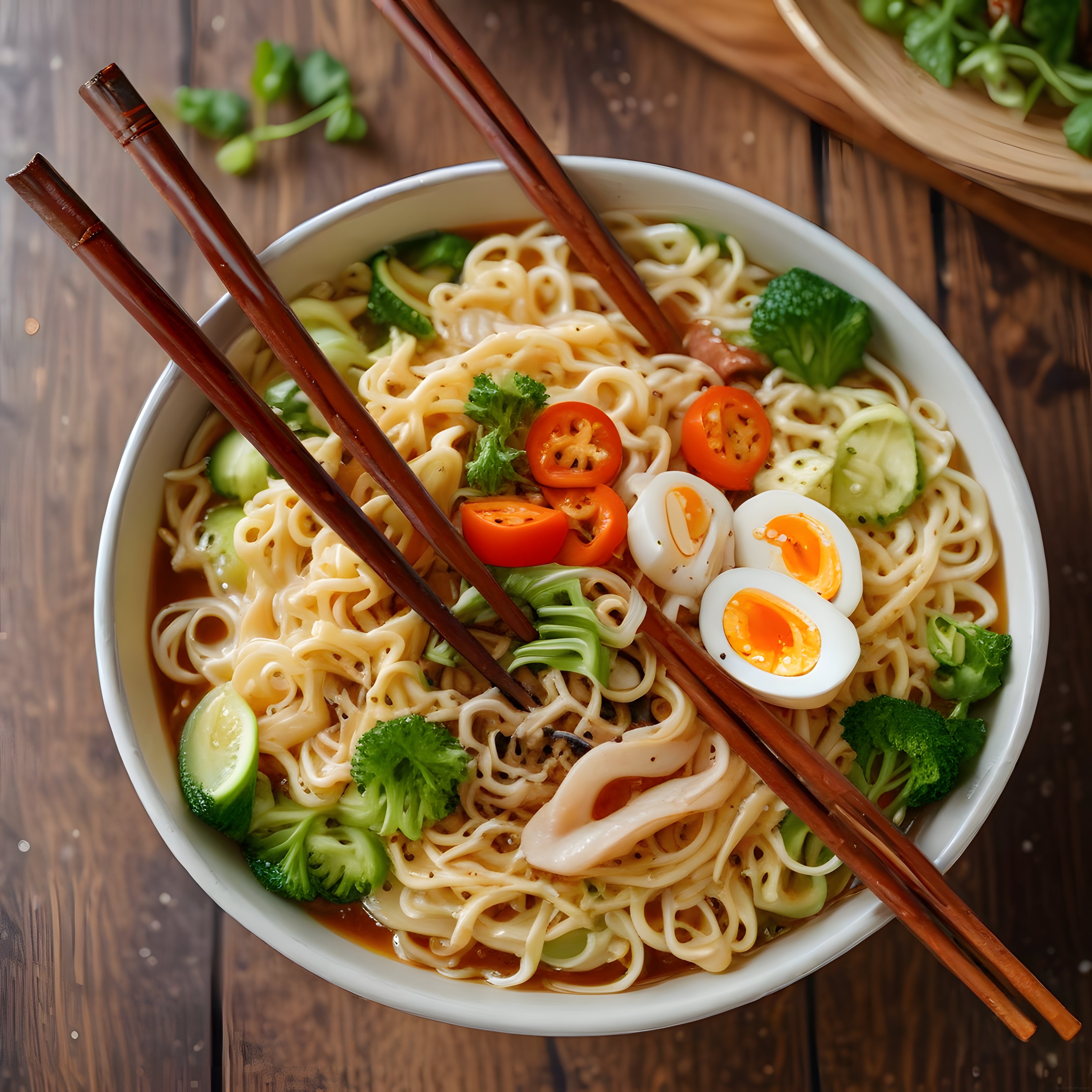 Asya Usulü Sebzeli Yumurtalı Noodle Çorbası Ahşap Masa Üzerinde