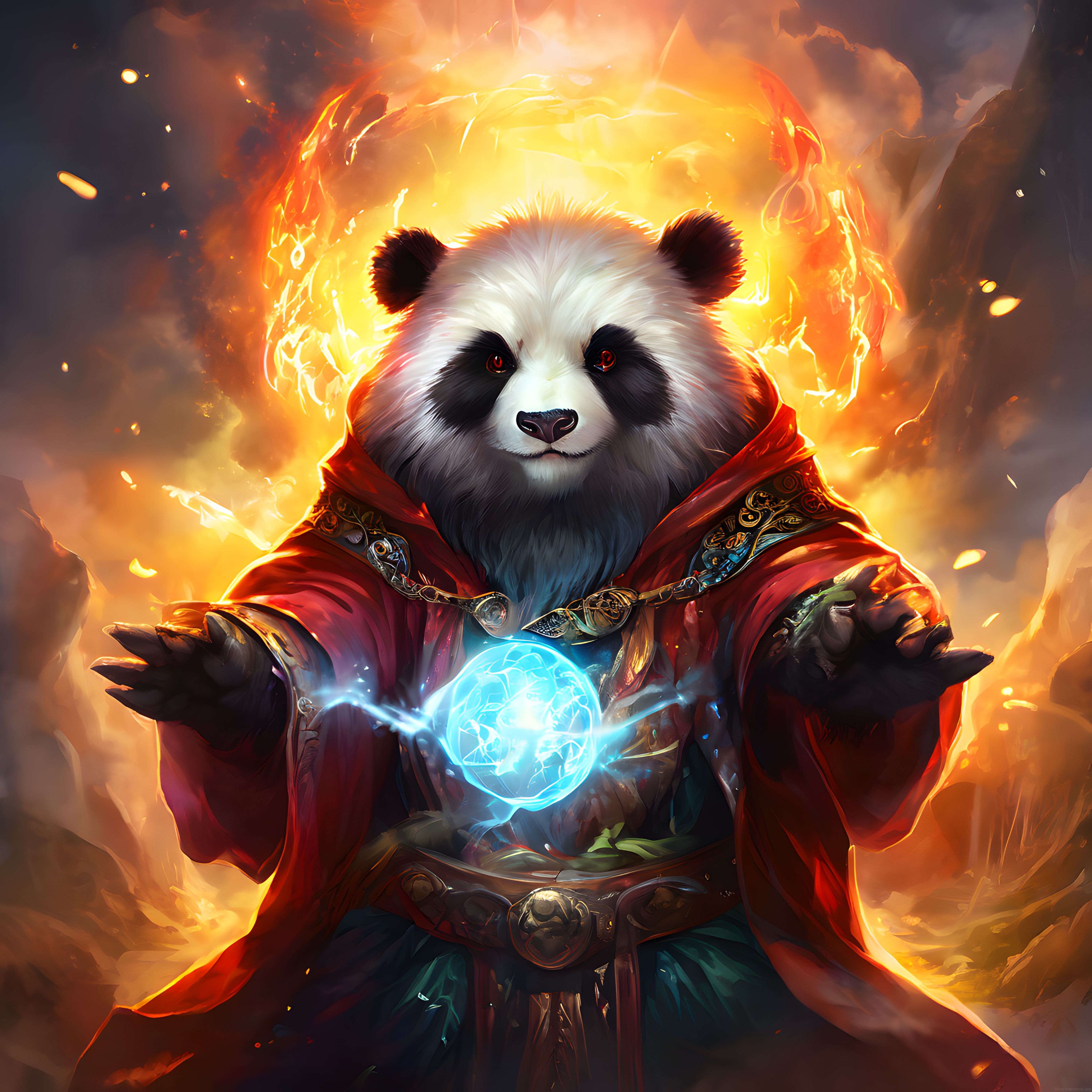 Ateş Çemberindeki Kırmızı Pelerinli Büyücü Panda ve Parlak Mavi Küre