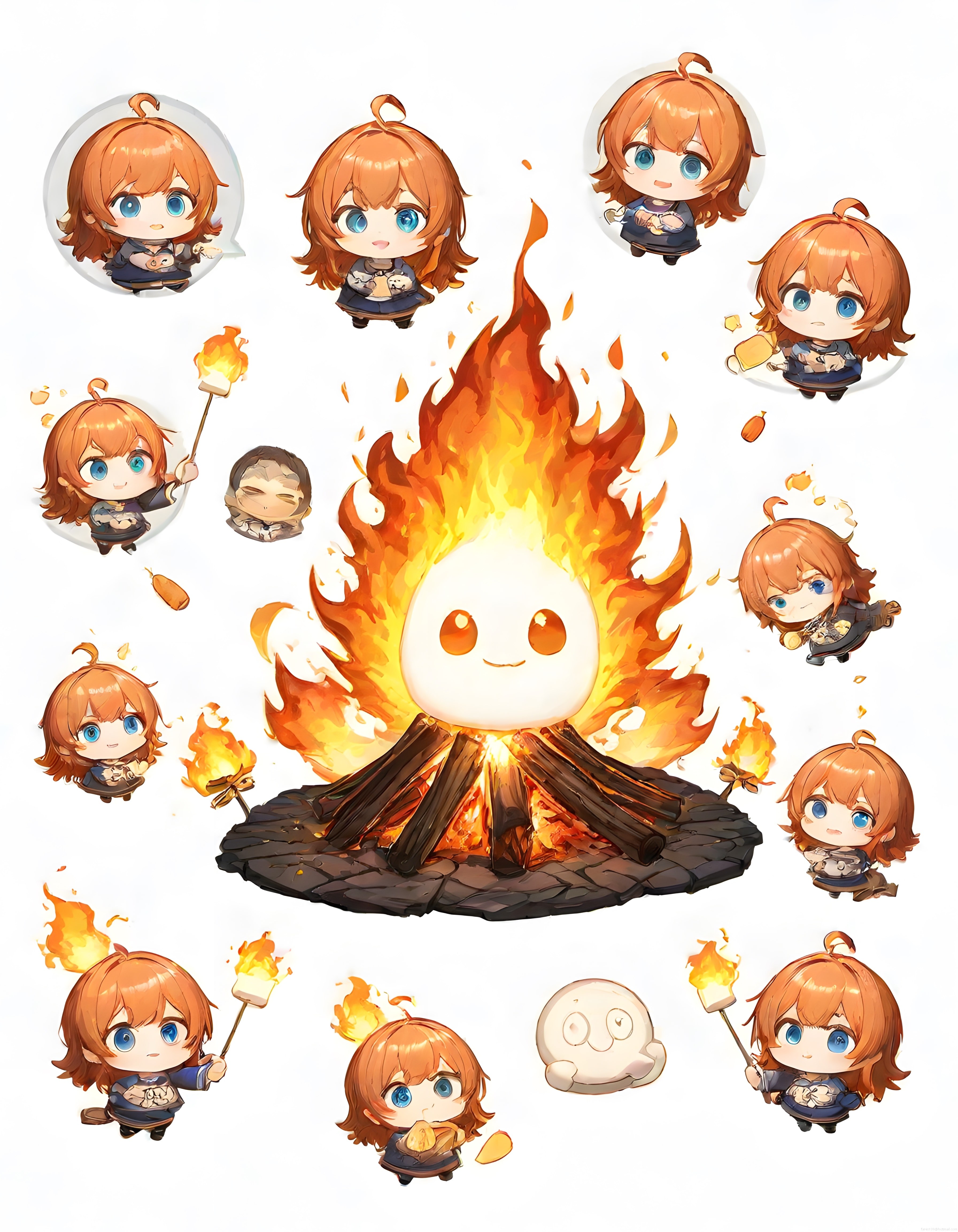 Ateş Etrafında Neşeli Chibi Kız ve Şirin Şenlik Ateşi Dijital Sticker Seti