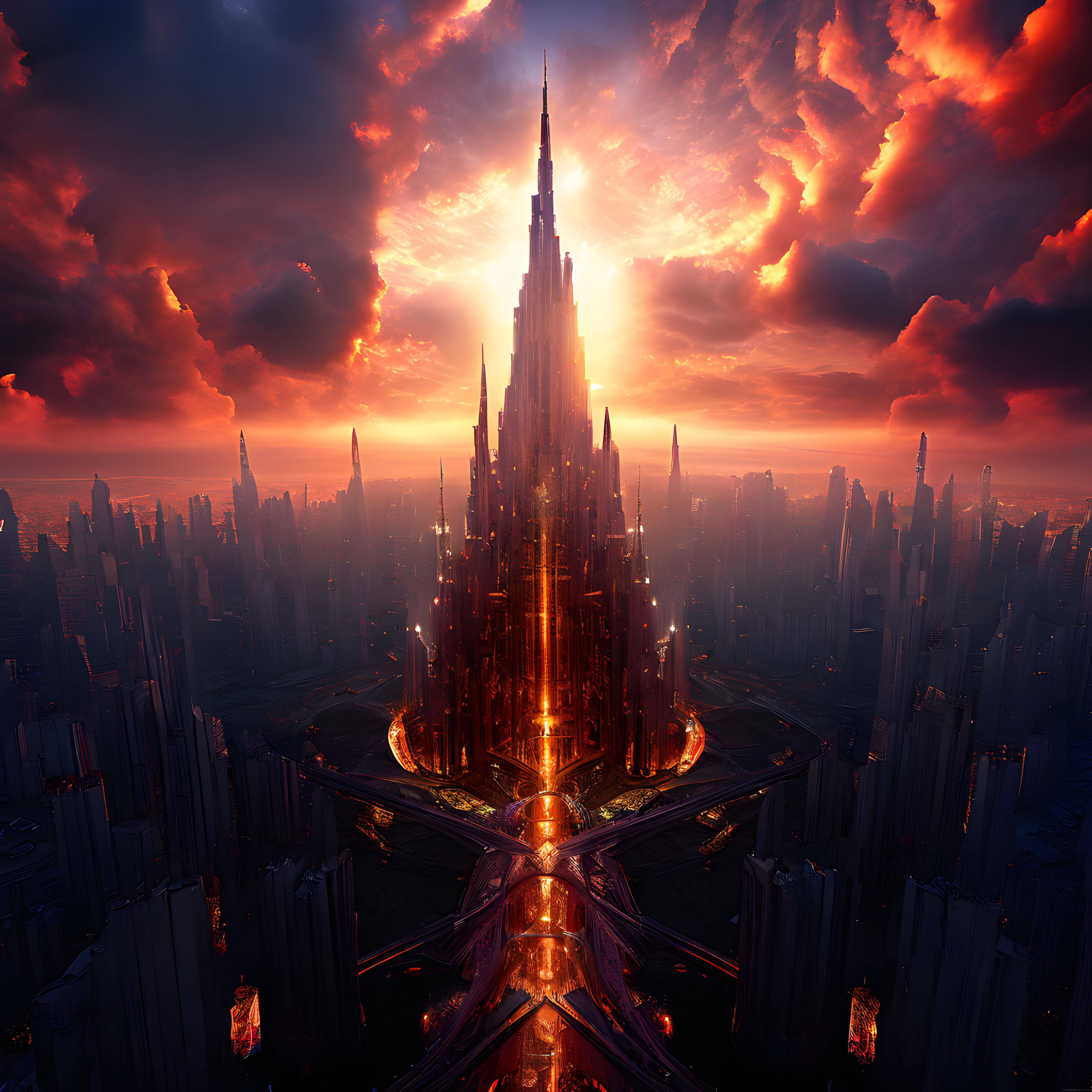 Ateş Kızılı Gökyüzünde Yükselen Devasa Gotik Kule ve Distopik Metropol