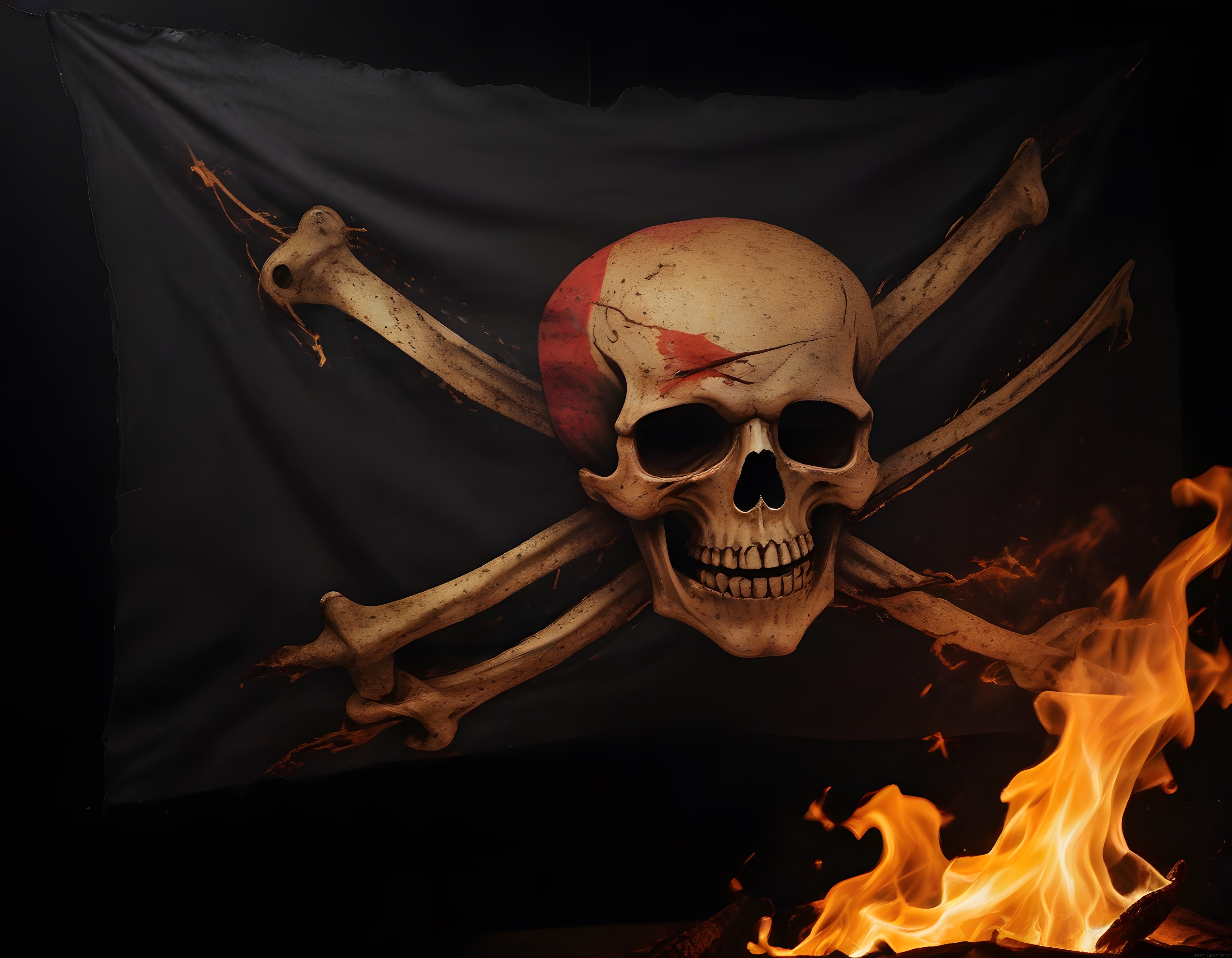 Ateş Parıltılı Yıpranmış Korsan Sancağı Jolly Roger Kuru Kafa ve Kemikler