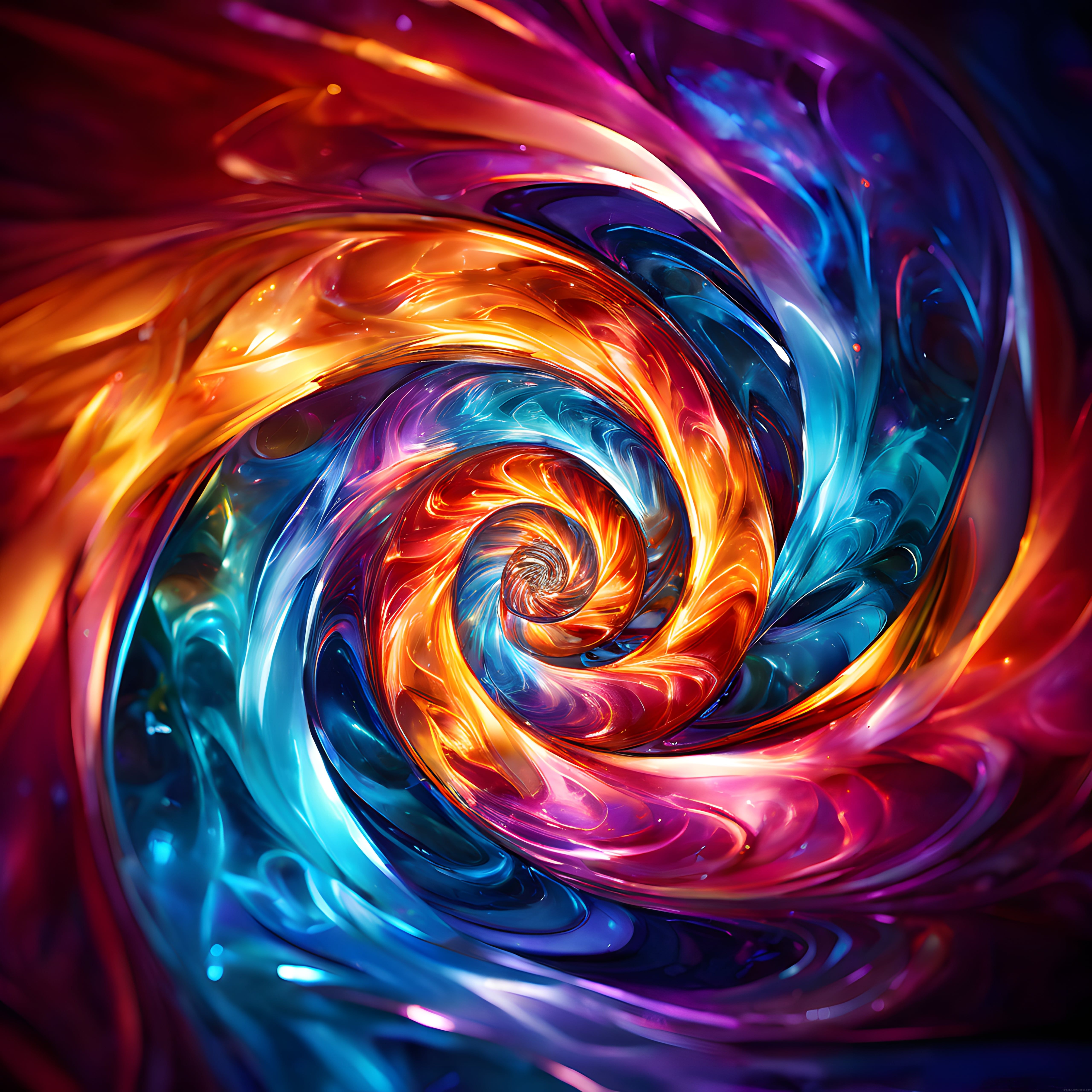 Ateş ve Suyun Büyüleyici Dansı: Hipnotik Renkli Spiral Dijital Sanat Eseri