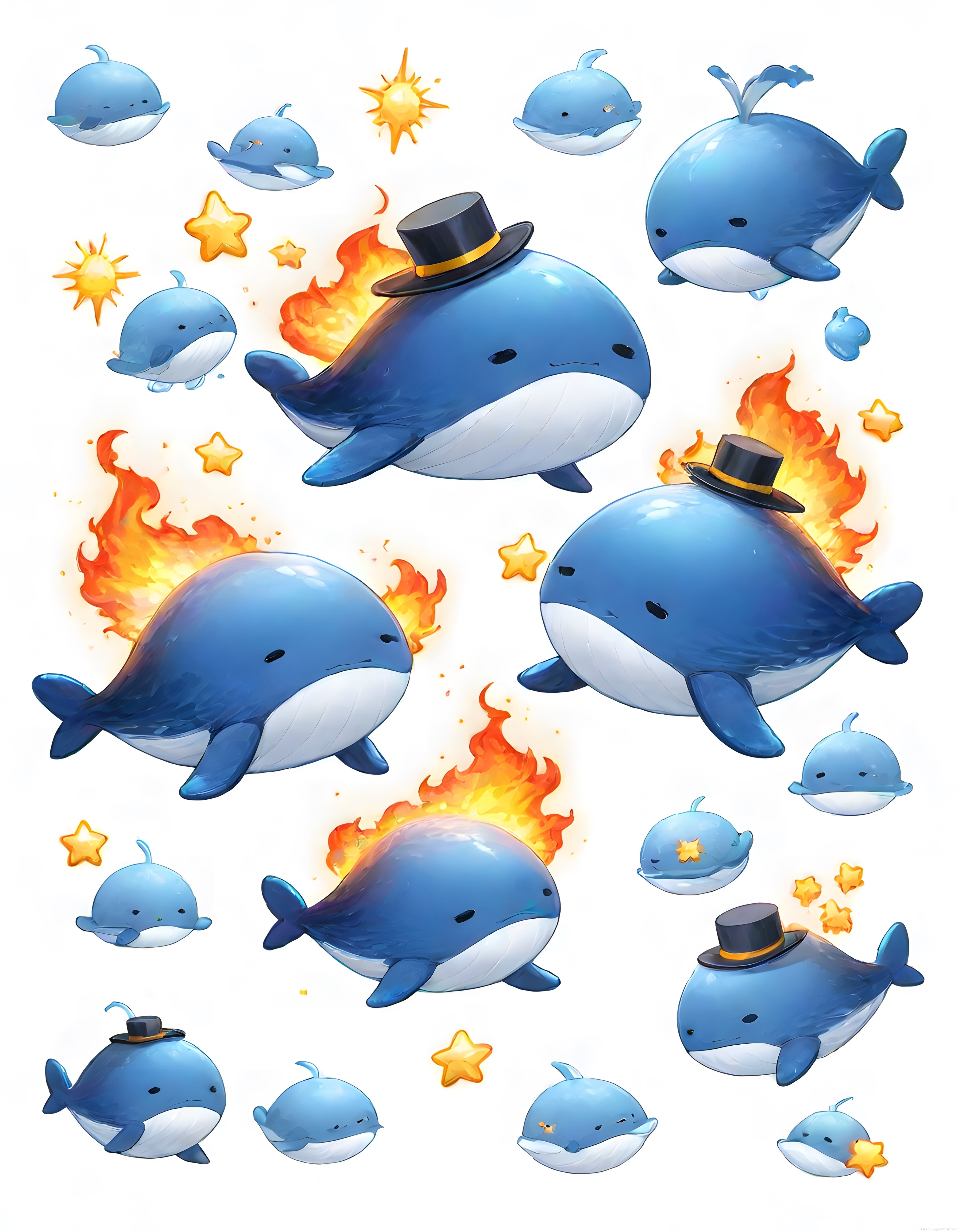 Ateşli ve Şapkalı Sevimli Balina Karakterleri Dijital Kawaii Sticker Seti