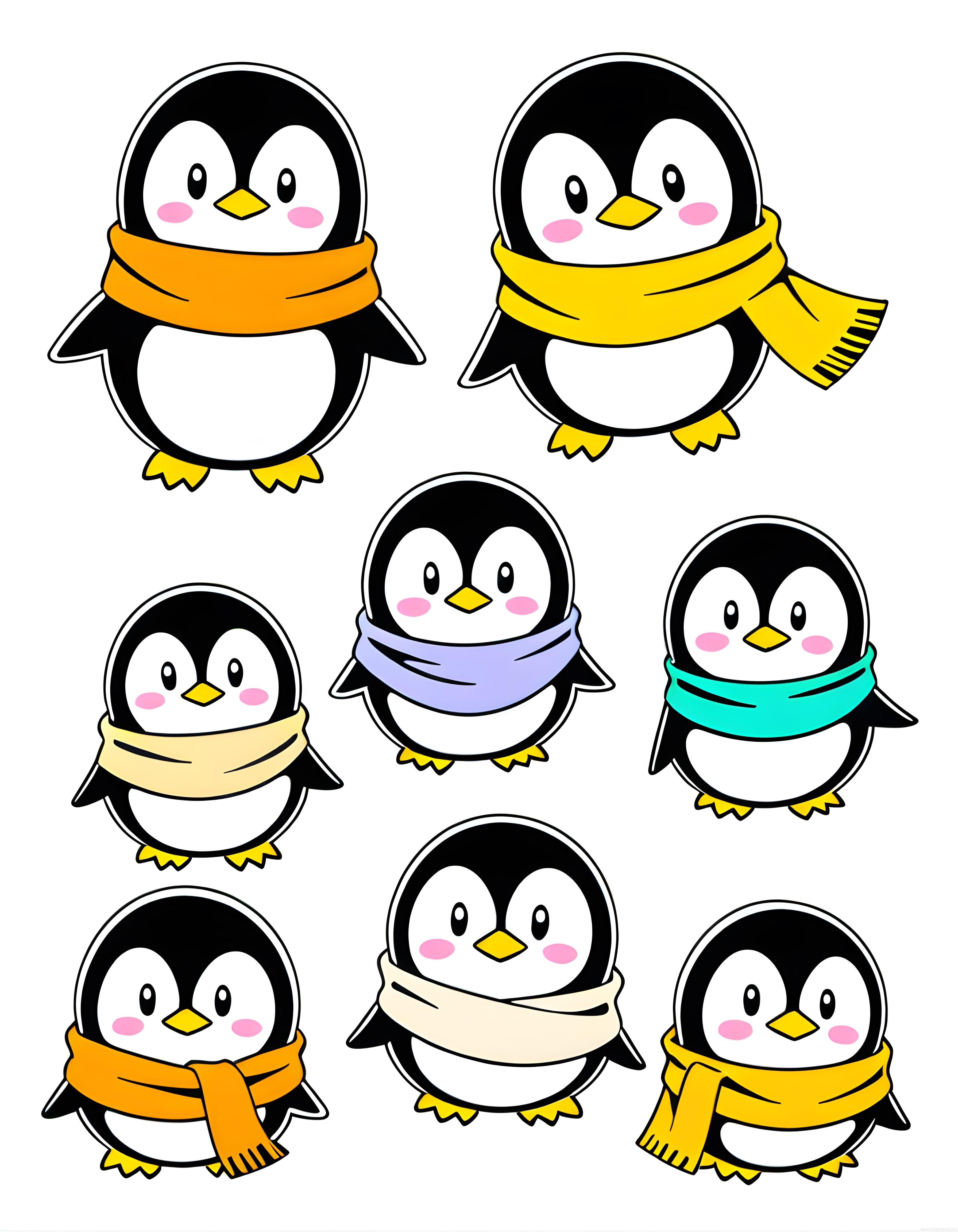Atkı Takan Sevimli Karikatür Penguenler Renkli Kış Temalı Çizim Seti