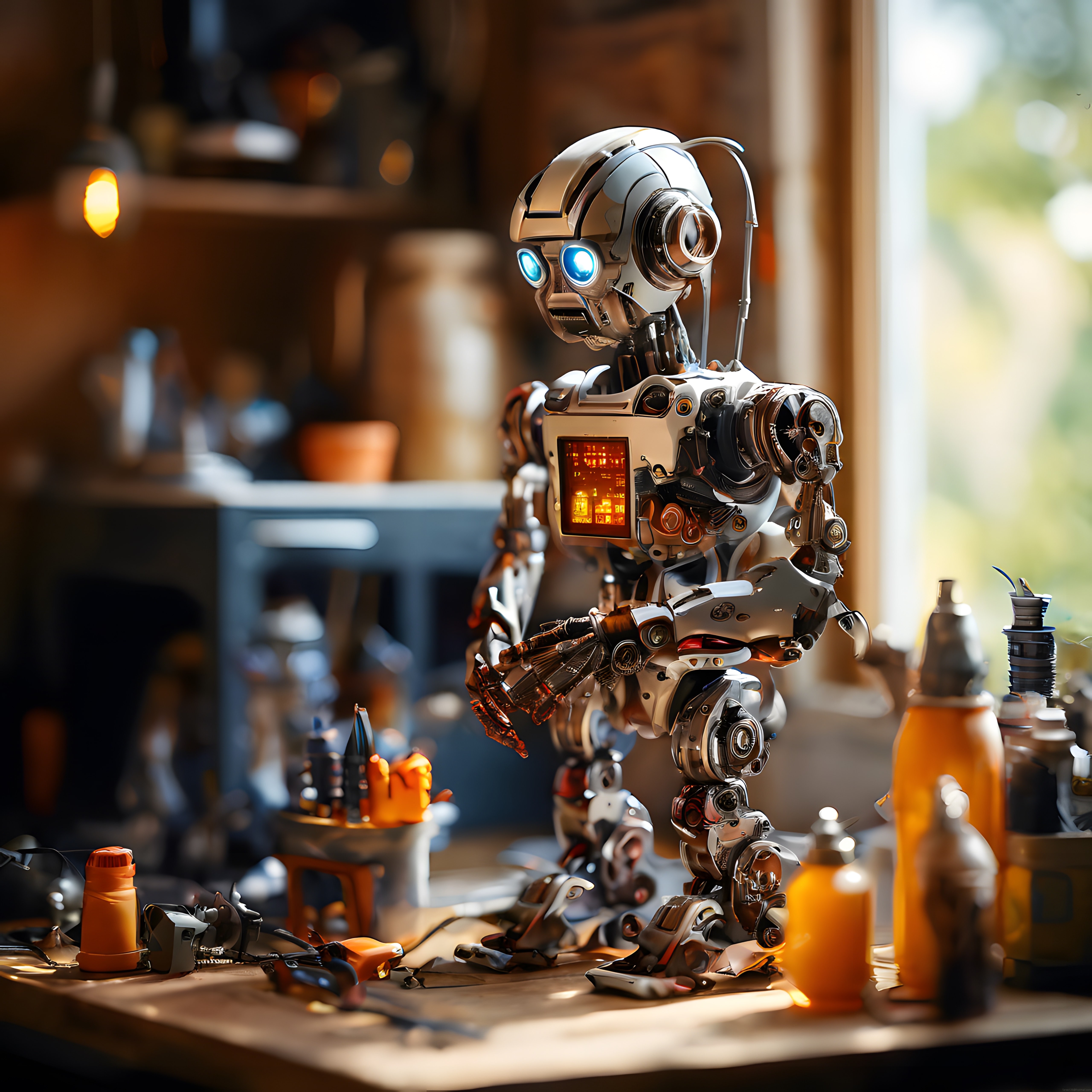 Atölye Masasında Çalışan Işıklı Gözlü İnsansı Robot ve Tamir Aletleri